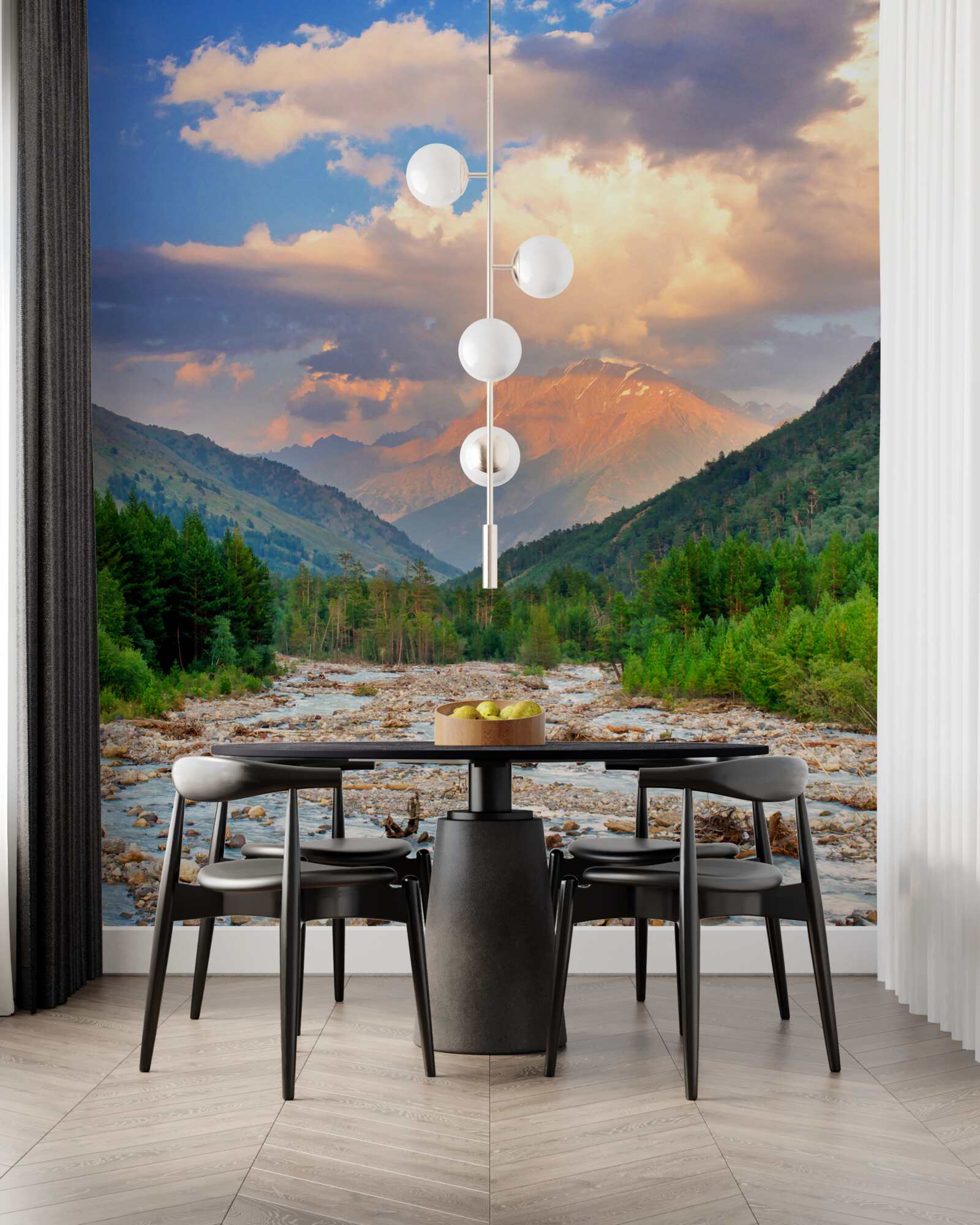 Фотошпалери гірська річка у променях вечірнього сонця