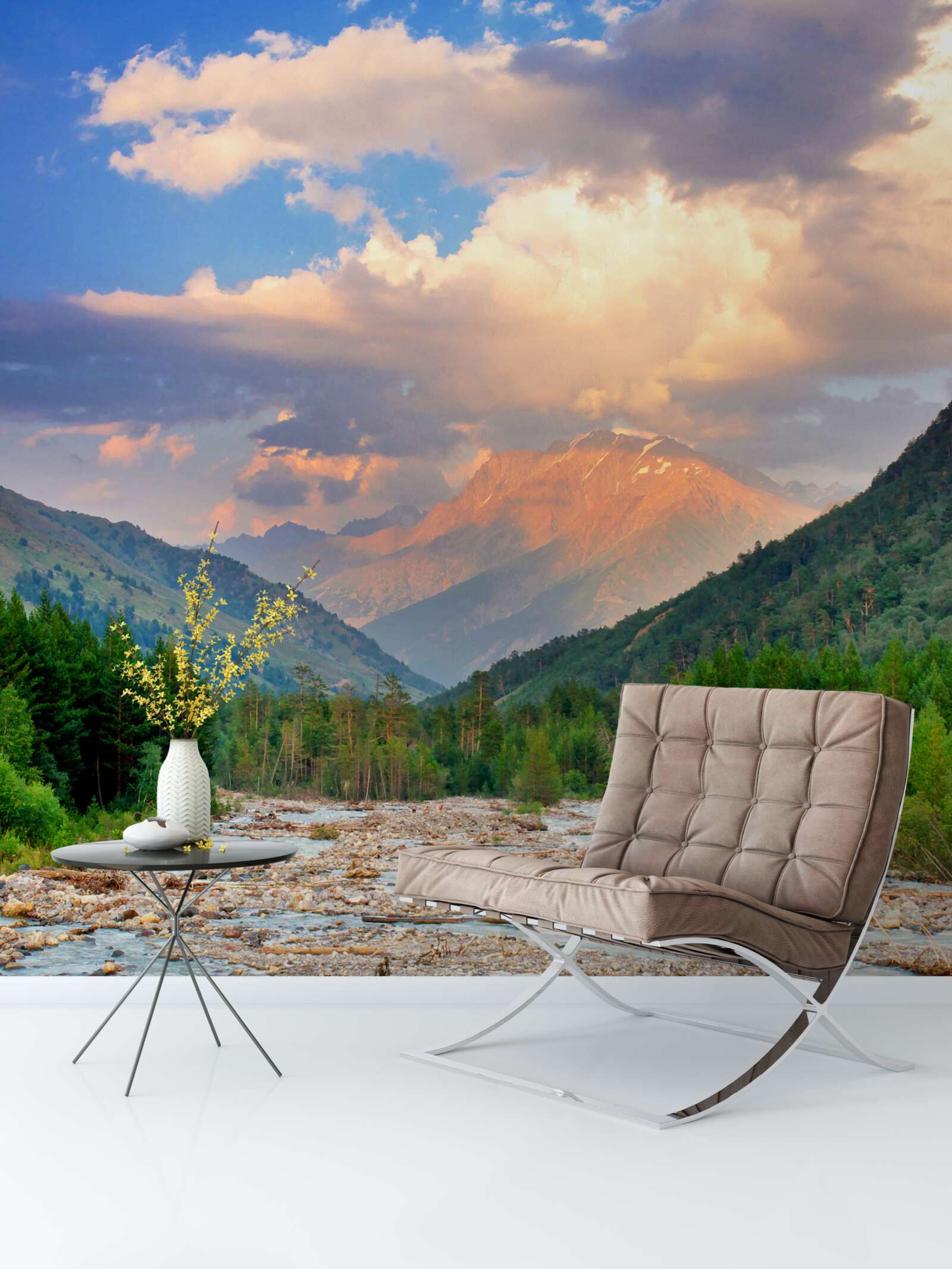 Фотошпалери гірська річка у променях вечірнього сонця