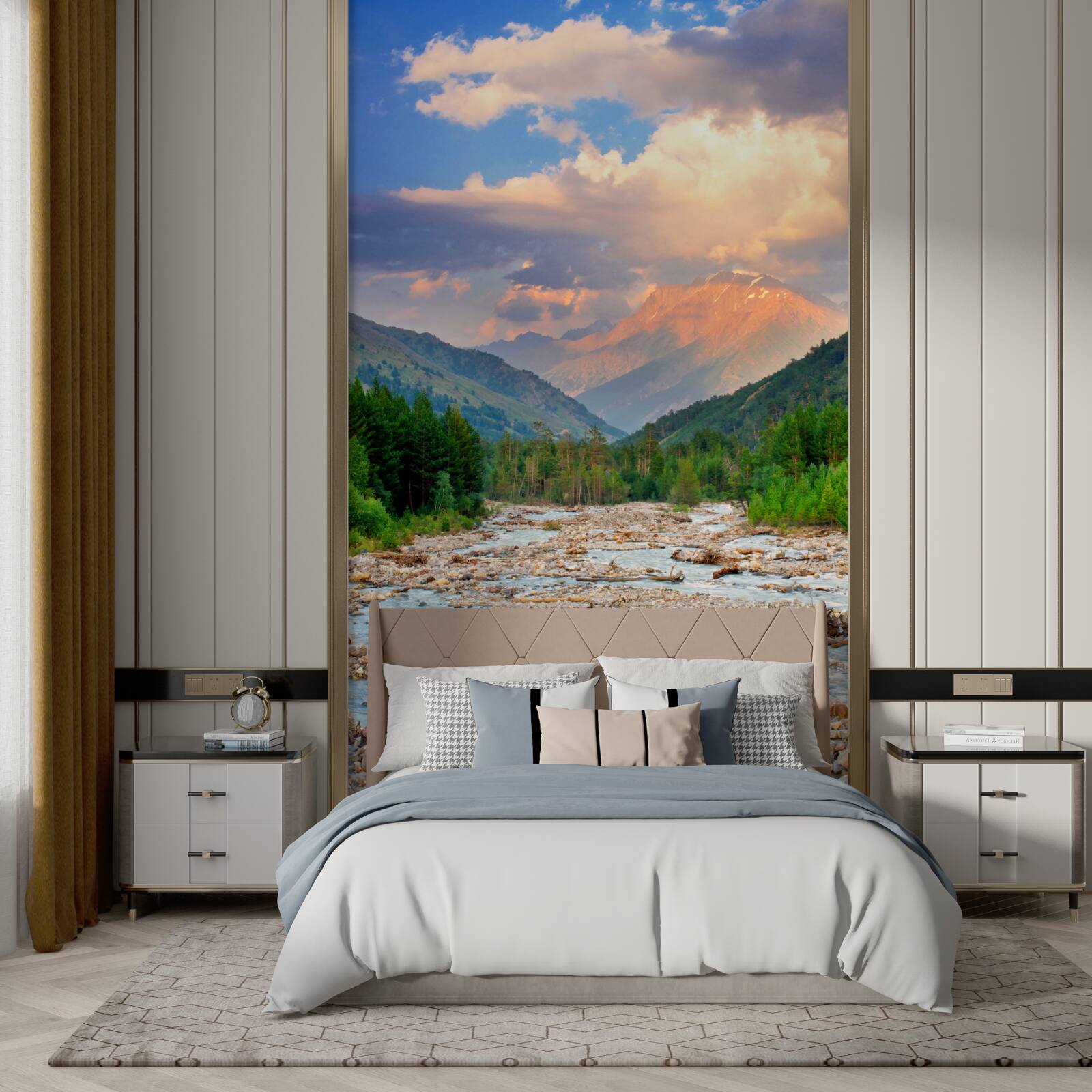 Фотошпалери гірська річка у променях вечірнього сонця