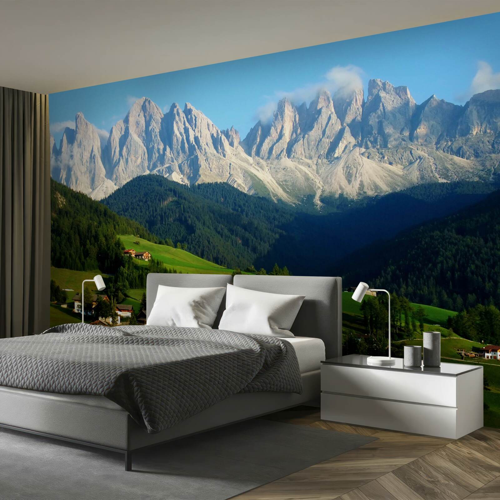 Фотошпалери село на галявині біля підніжжя гір