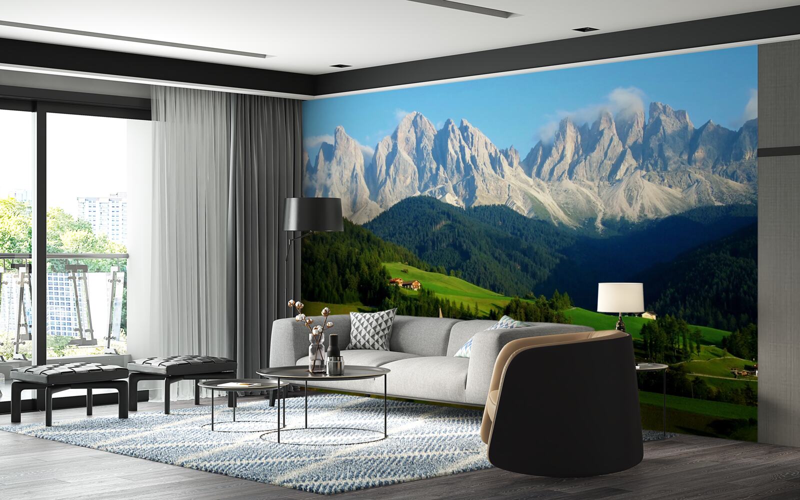 Фотошпалери село на галявині біля підніжжя гір