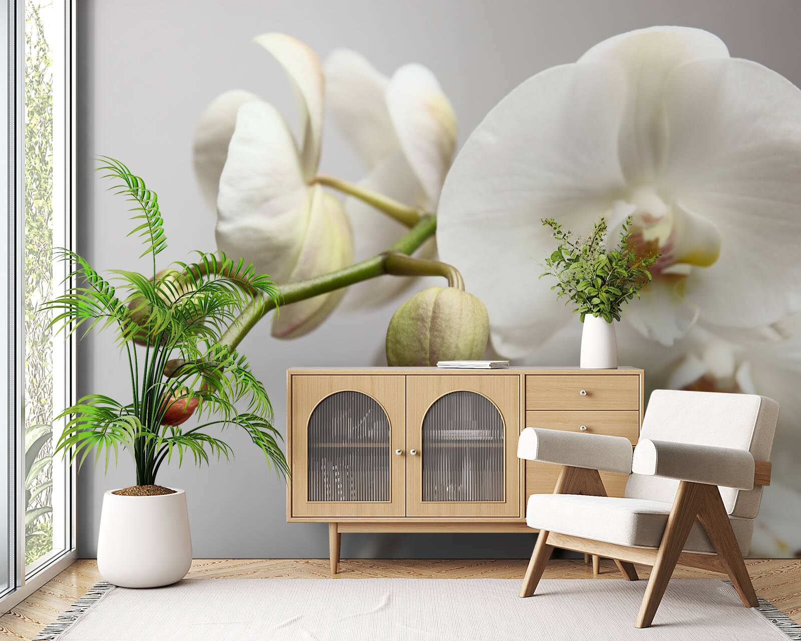 Фотошпалери гілка білої орхідеї з розквітлими квітами та нерозвиненими бутонами