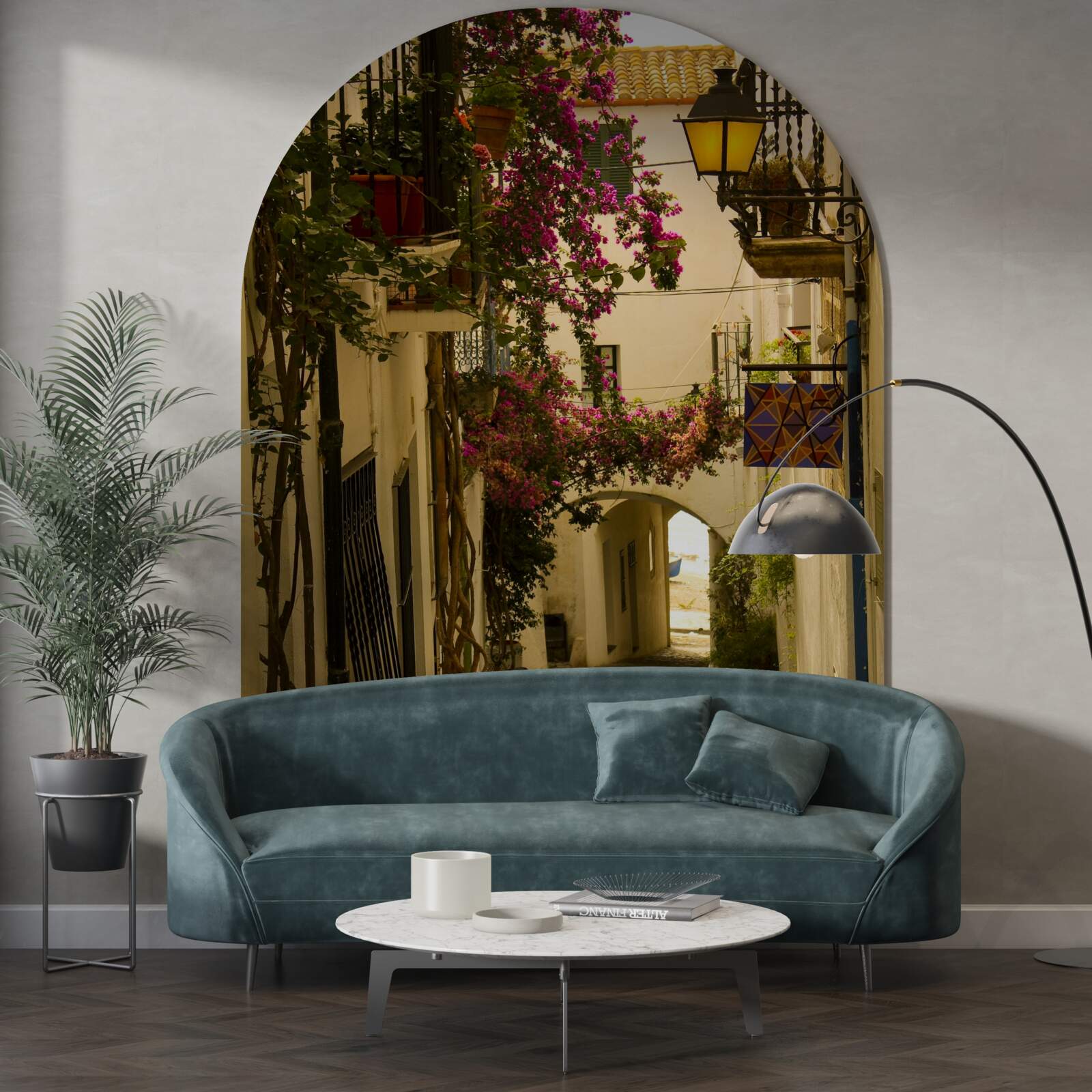 Фотошпалери старовинна вулиця, оточена квітами та сонячним світлом