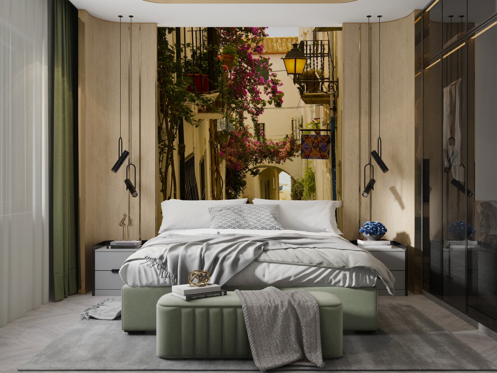 Фотошпалери старовинна вулиця, оточена квітами та сонячним світлом