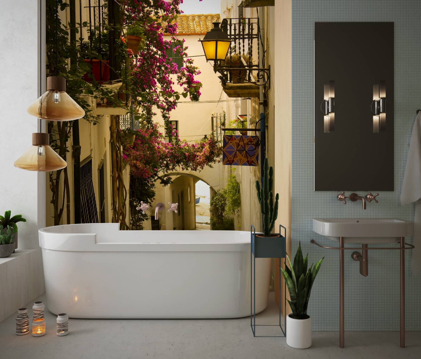 Фотошпалери старовинна вулиця, оточена квітами та сонячним світлом