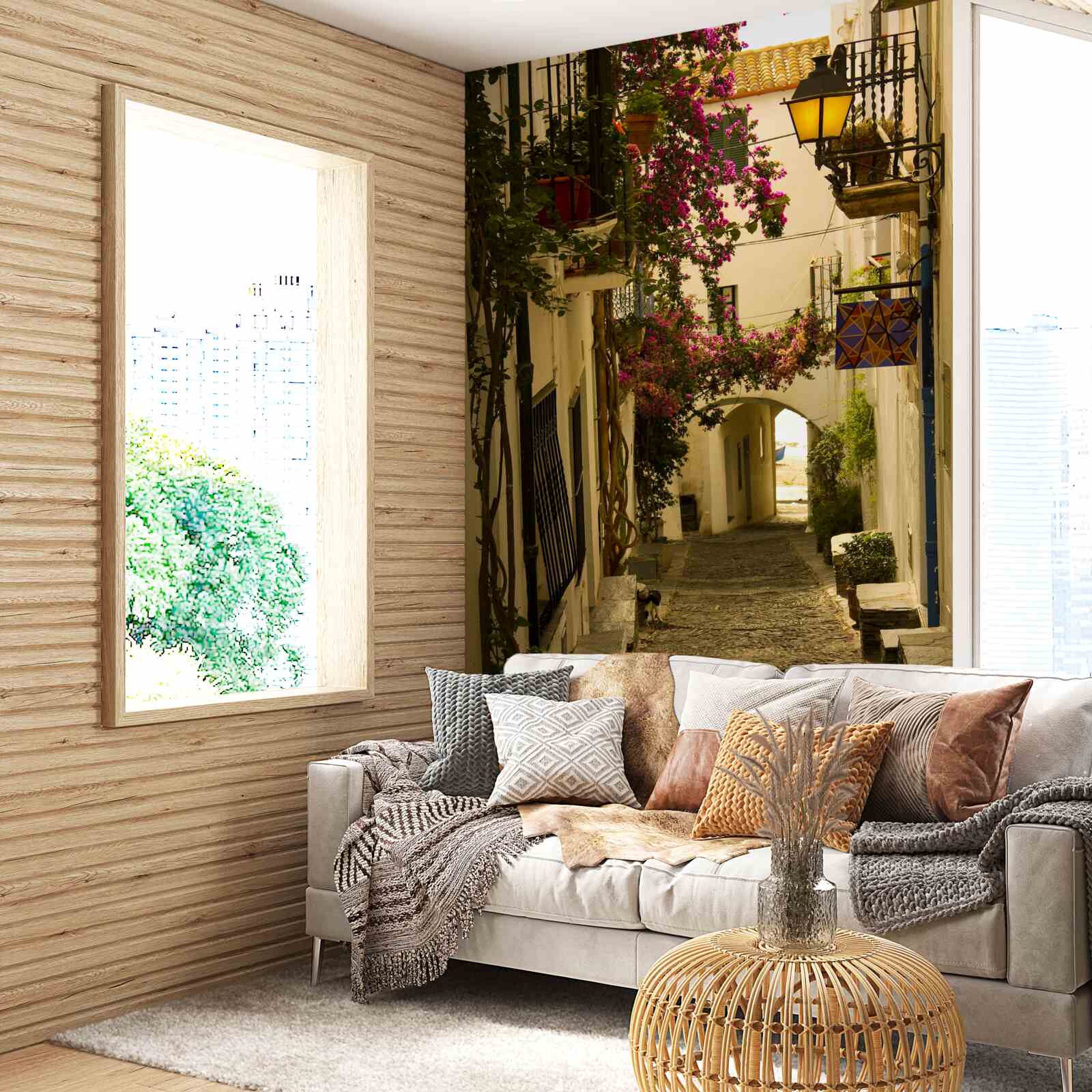 Фотошпалери старовинна вулиця, оточена квітами та сонячним світлом