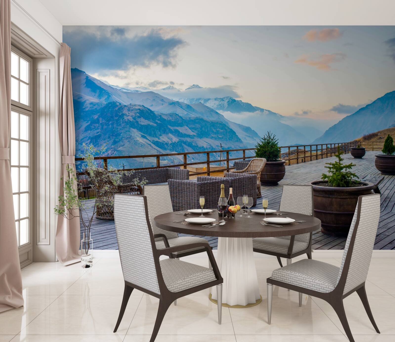 Фотошпалери простора тераса з видом на гори