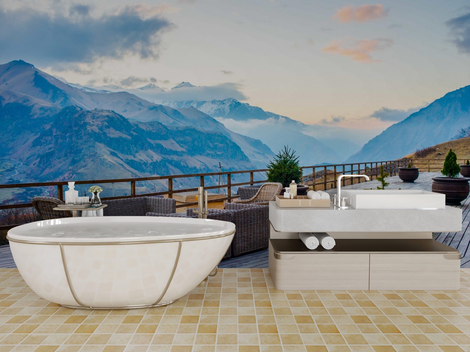 Фотошпалери простора тераса з видом на гори