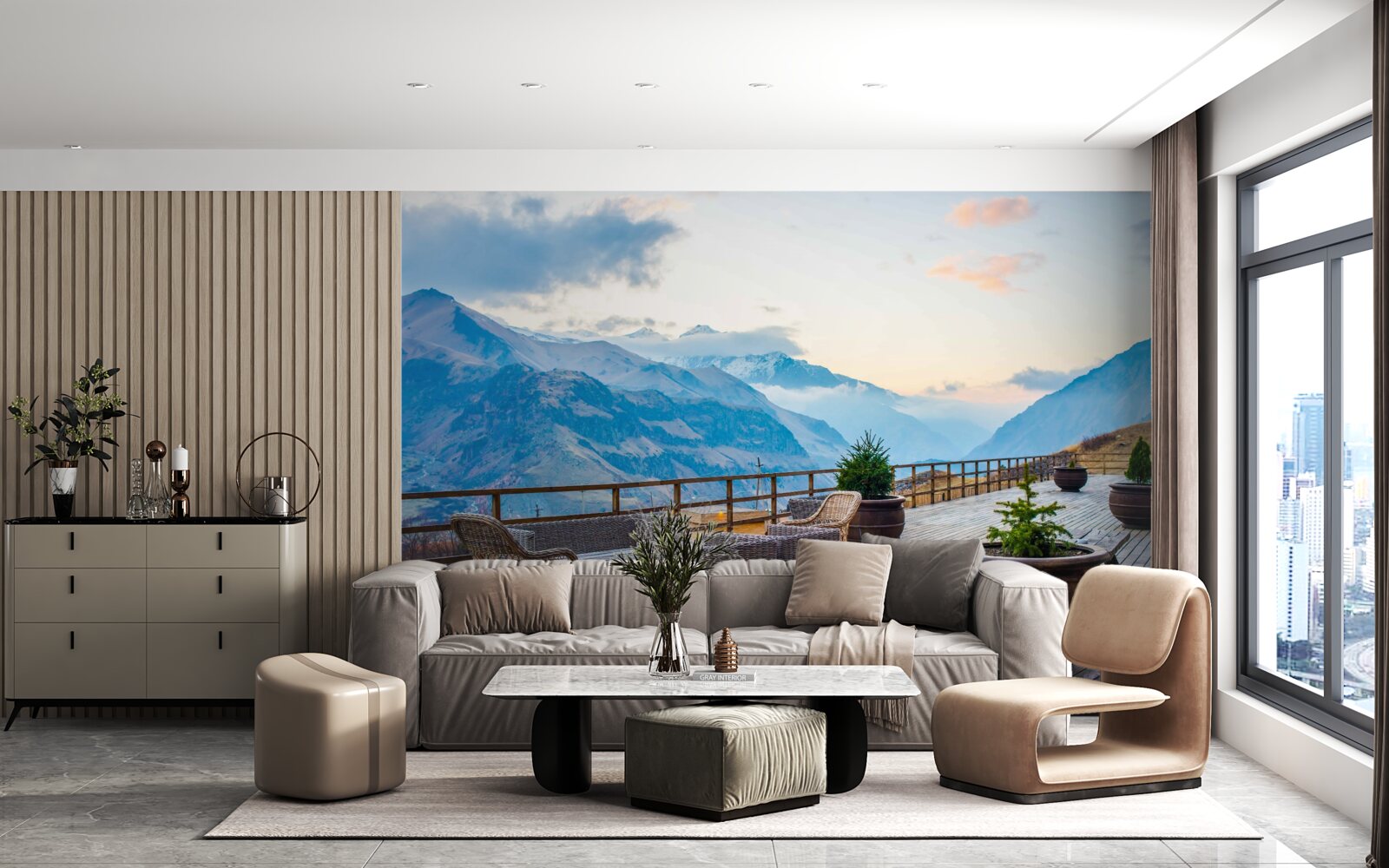 Фотошпалери простора тераса з видом на гори