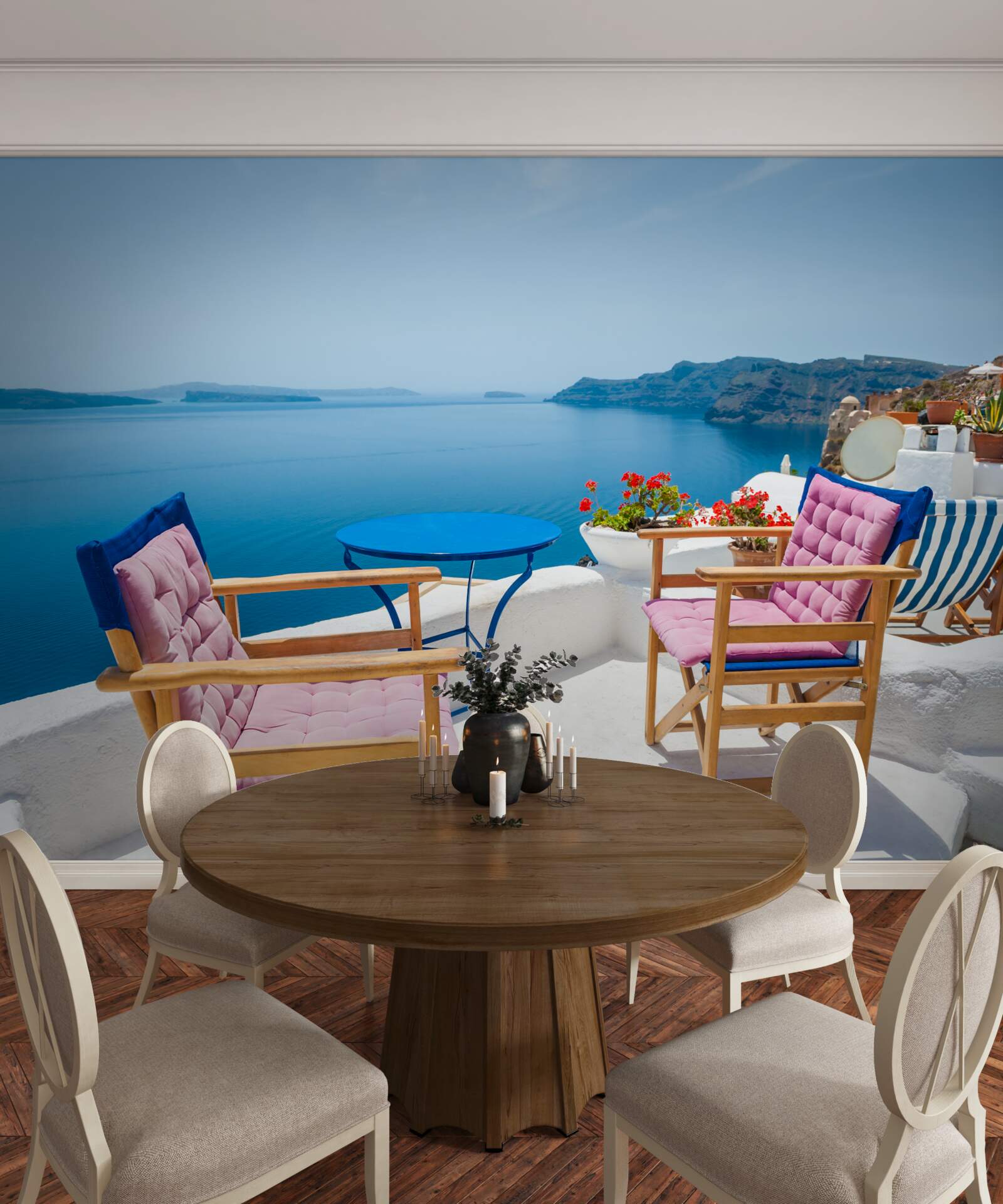 Фотошпалери кафе на даху біля моря в греції