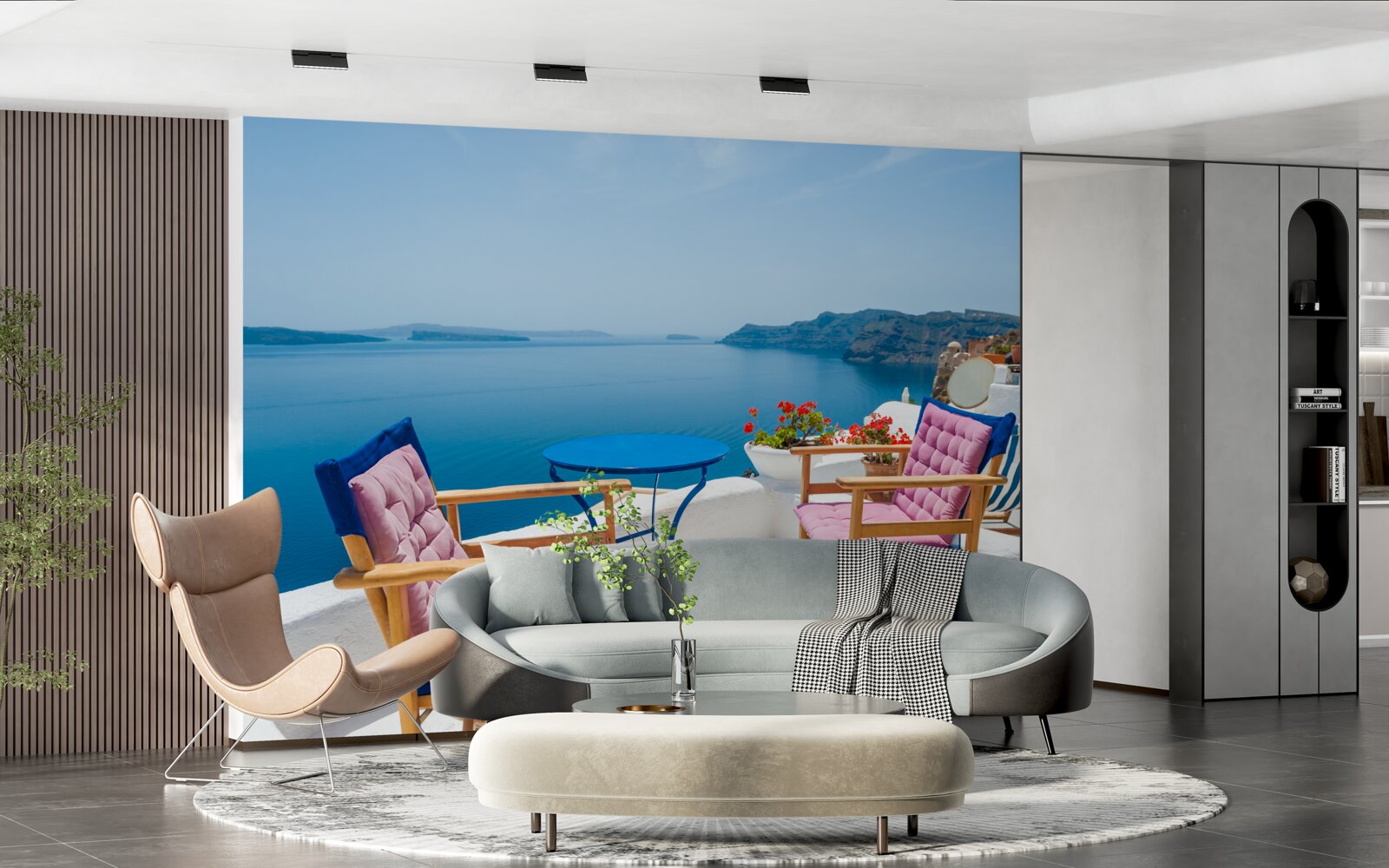 Фотошпалери кафе на даху біля моря в греції