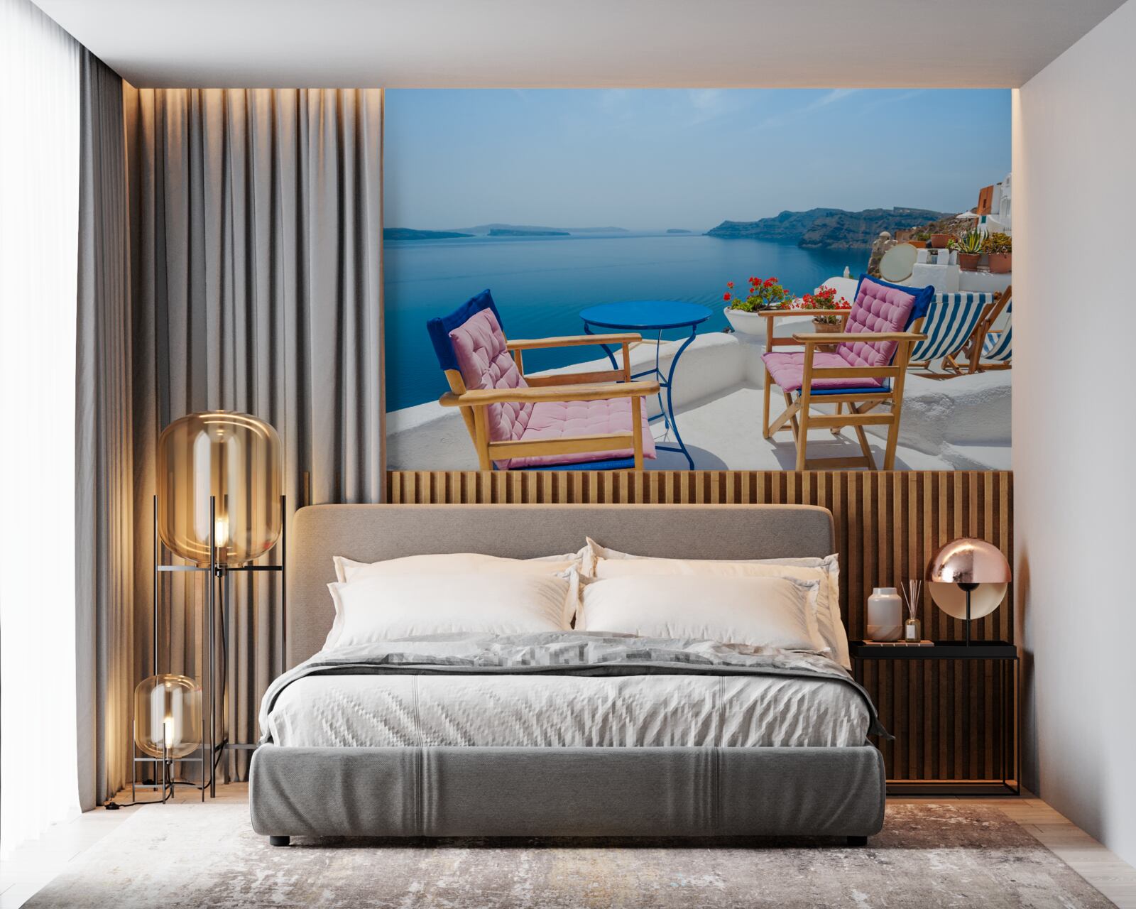 Фотошпалери кафе на даху біля моря в греції