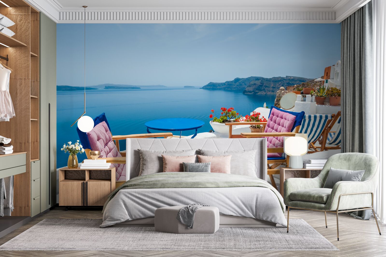 Фотошпалери кафе на даху біля моря в греції