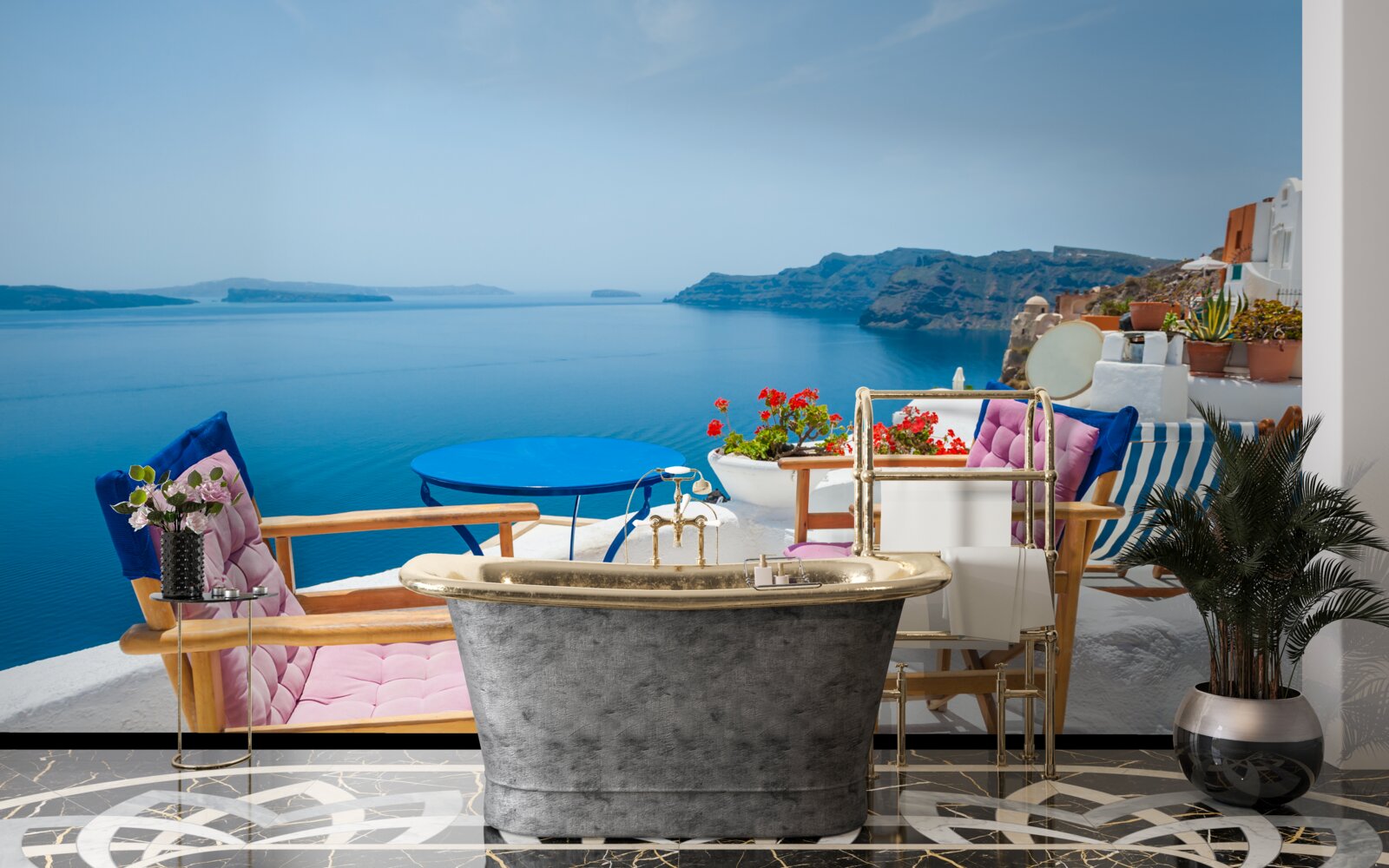 Фотошпалери кафе на даху біля моря в греції