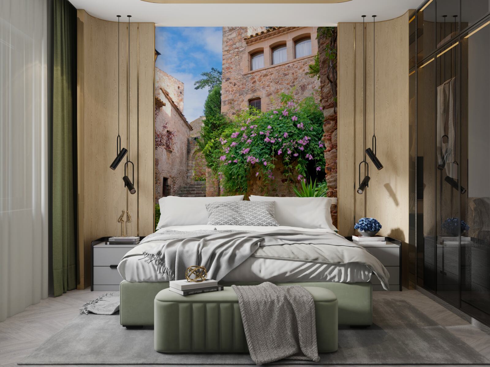 Фотошпалери старовинна брукована вулиця, оточена зеленню та квітами