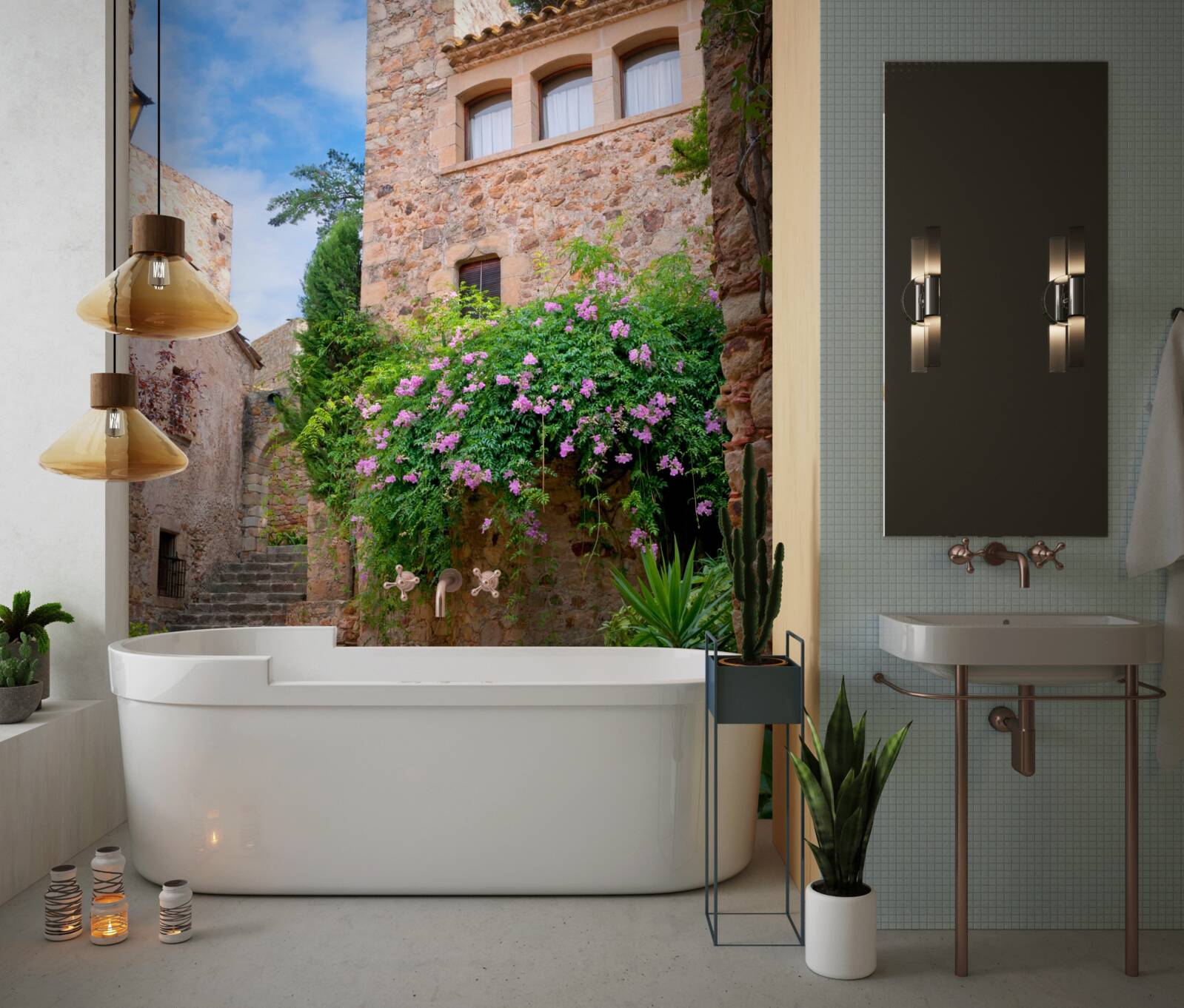 Фотошпалери старовинна брукована вулиця, оточена зеленню та квітами