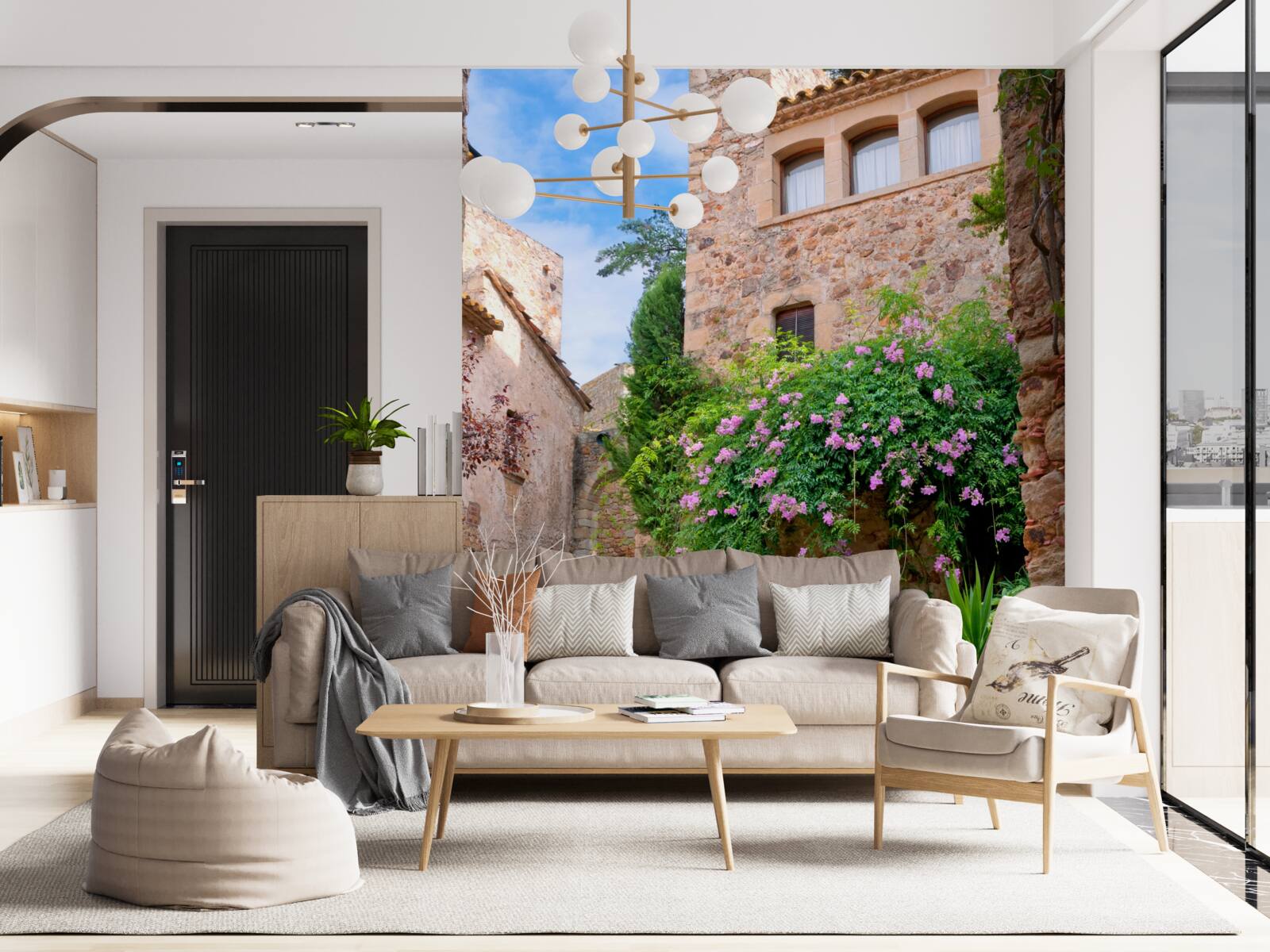 Фотошпалери старовинна брукована вулиця, оточена зеленню та квітами