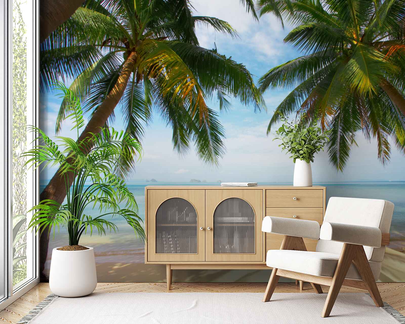 Фотошпалери пальми на піщаному березі моря