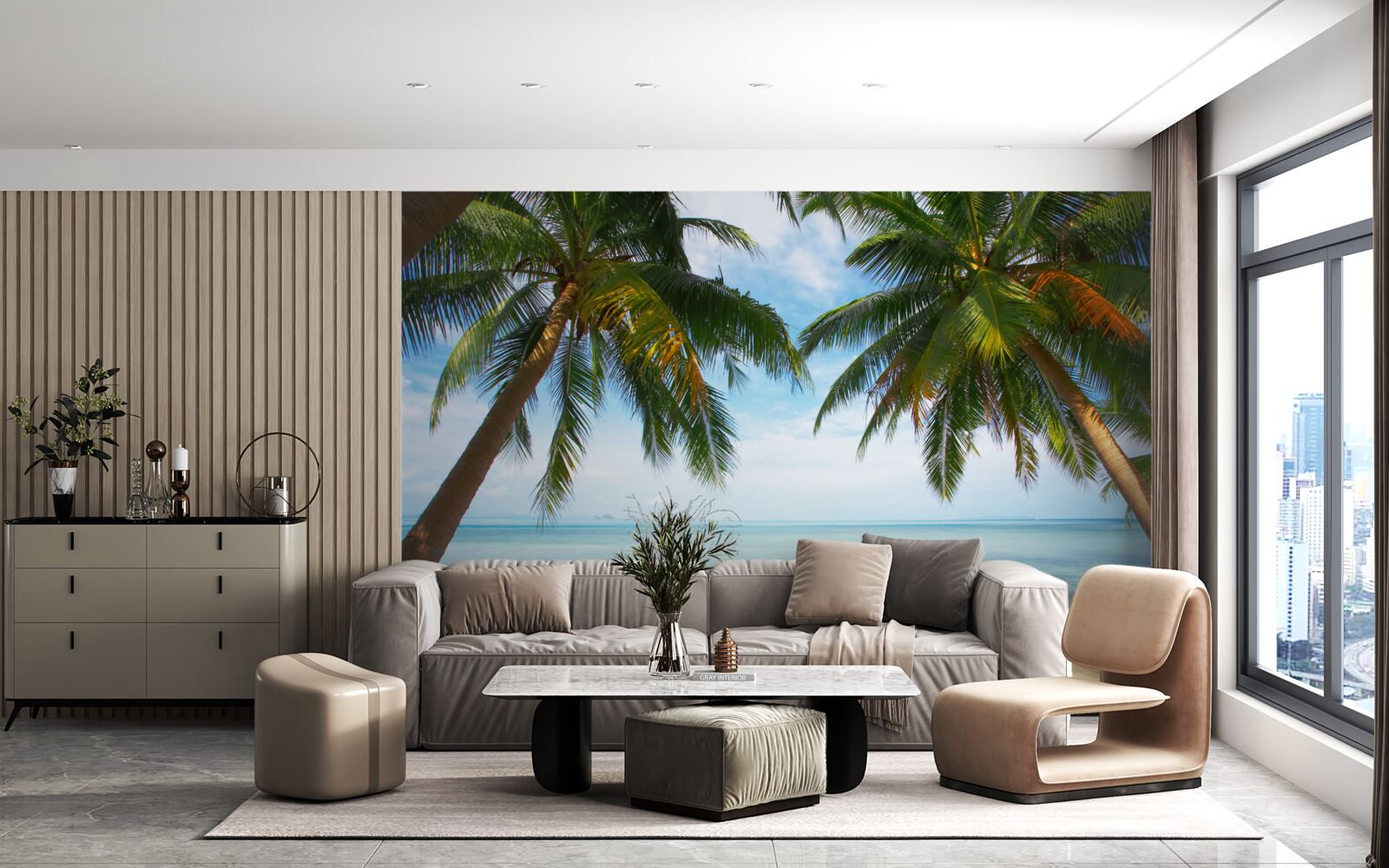 Фотошпалери пальми на піщаному березі моря