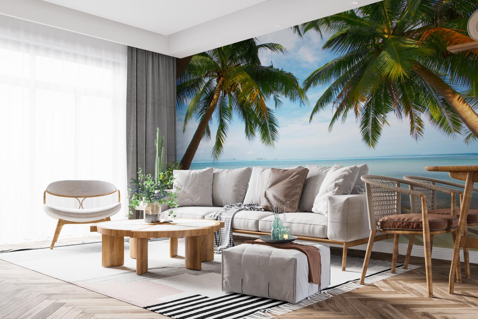 Фотошпалери пальми на піщаному березі моря