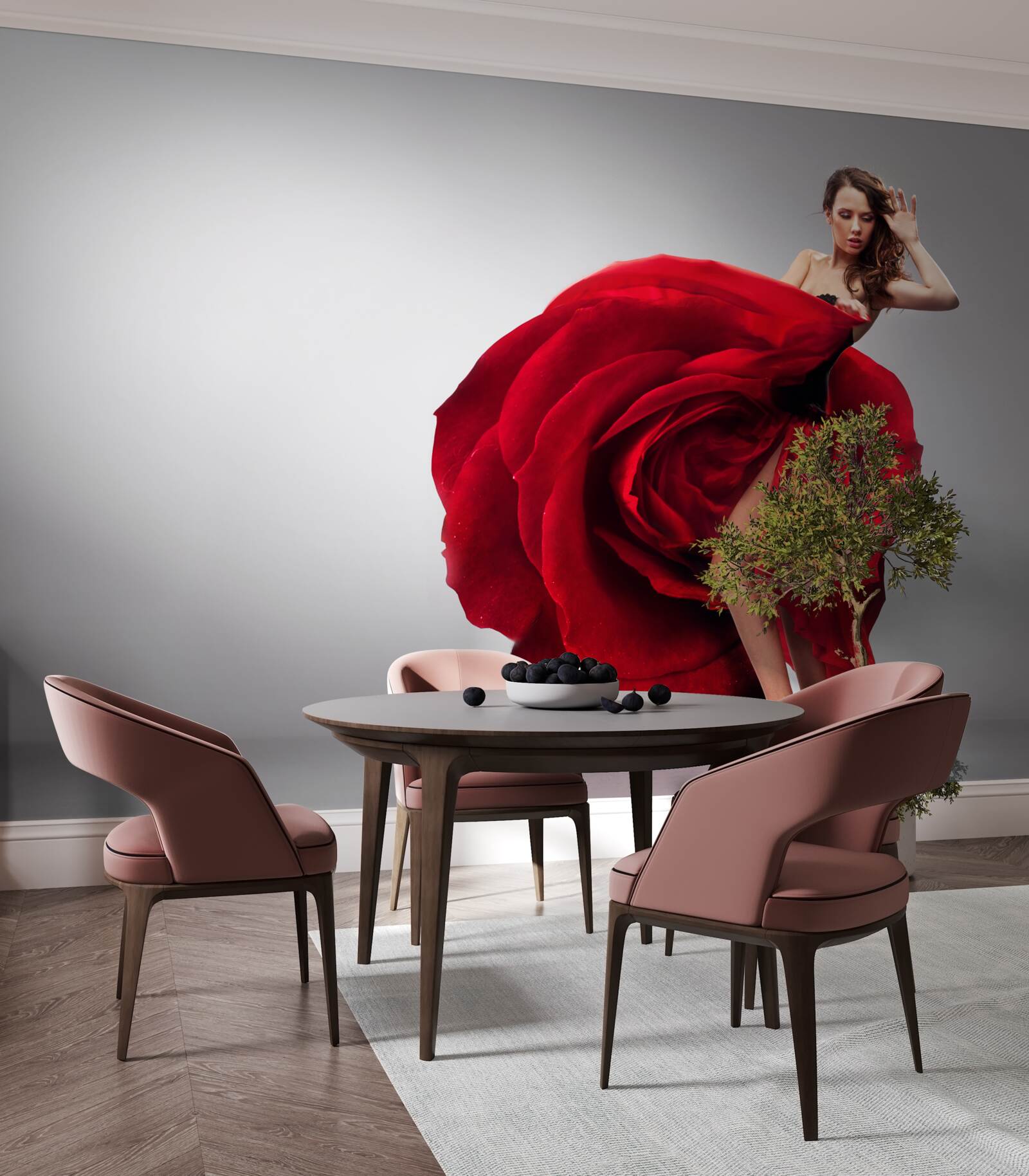 Фотошпалери дівчина в червоній сукні, що нагадує троянди