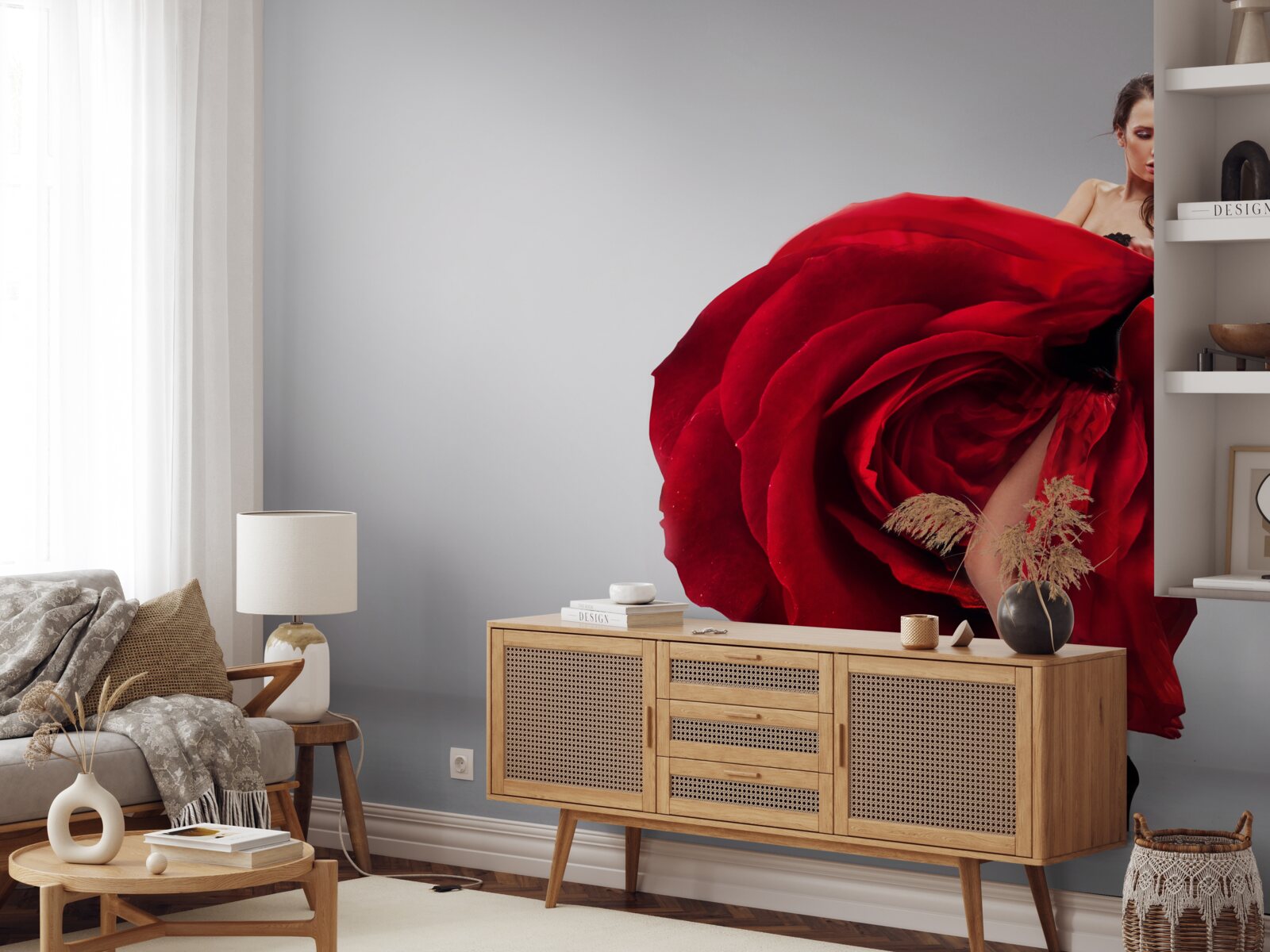 Фотошпалери дівчина в червоній сукні, що нагадує троянди