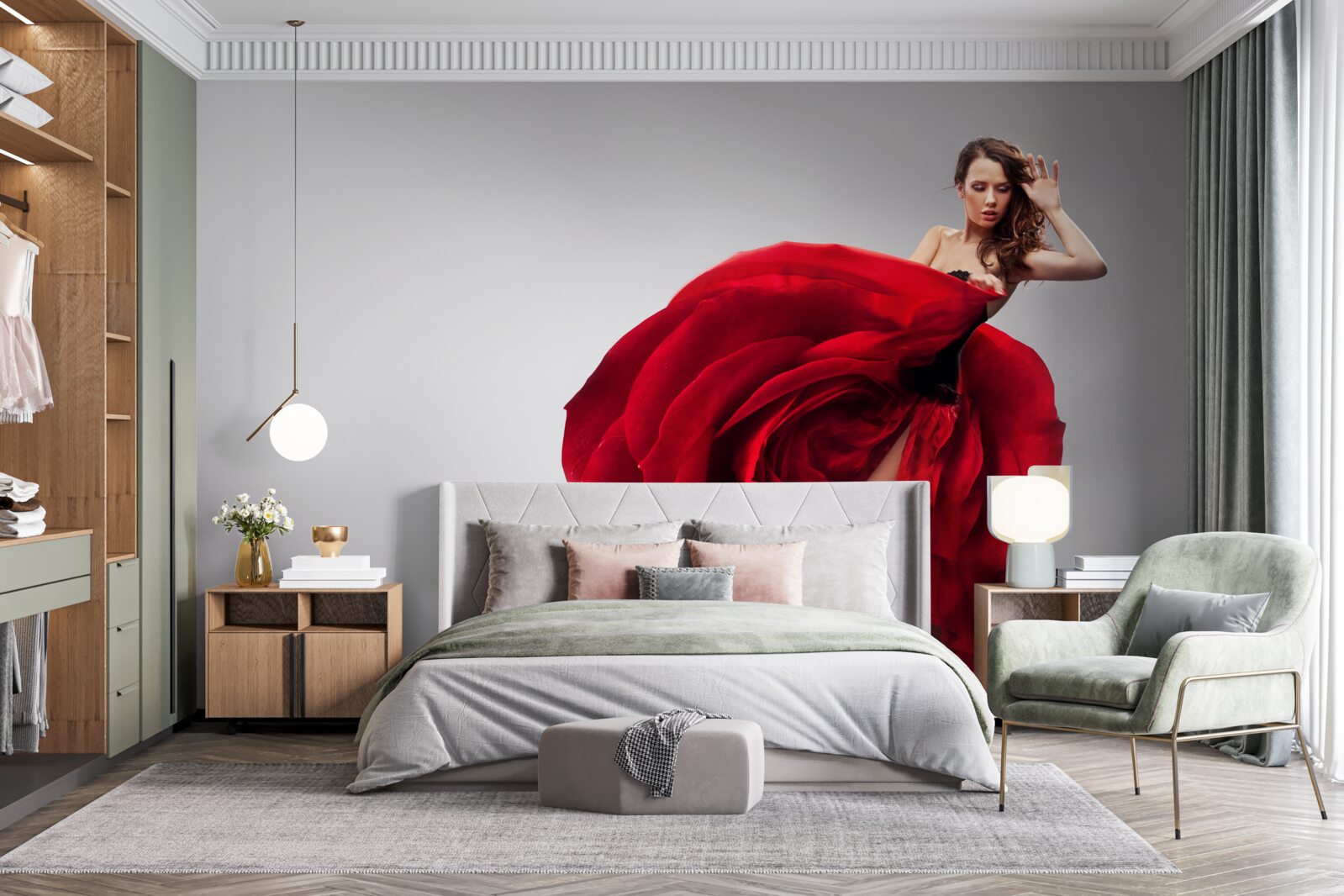 Фотошпалери дівчина в червоній сукні, що нагадує троянди