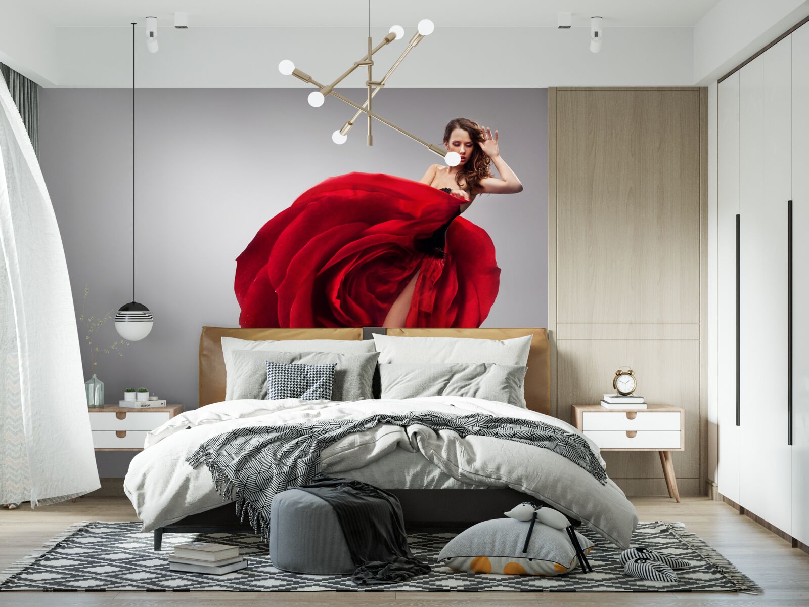 Фотошпалери дівчина в червоній сукні, що нагадує троянди