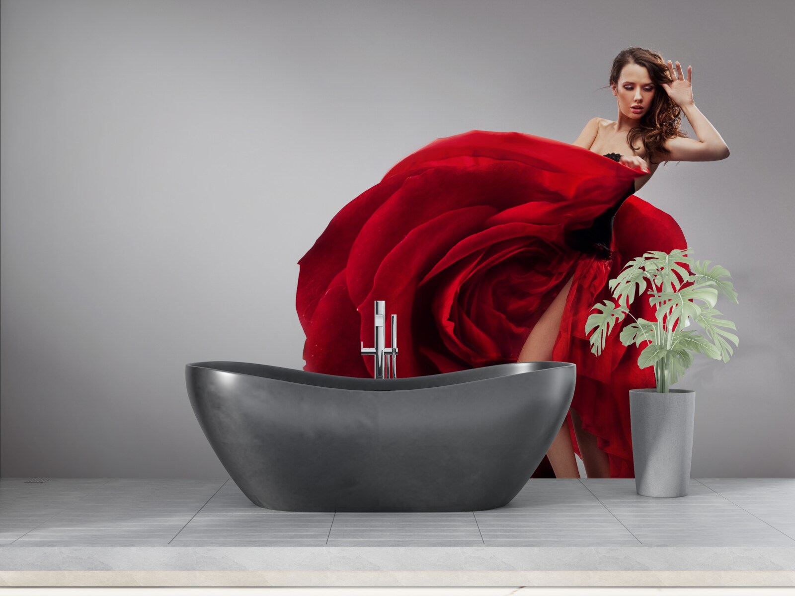 Фотошпалери дівчина в червоній сукні, що нагадує троянди