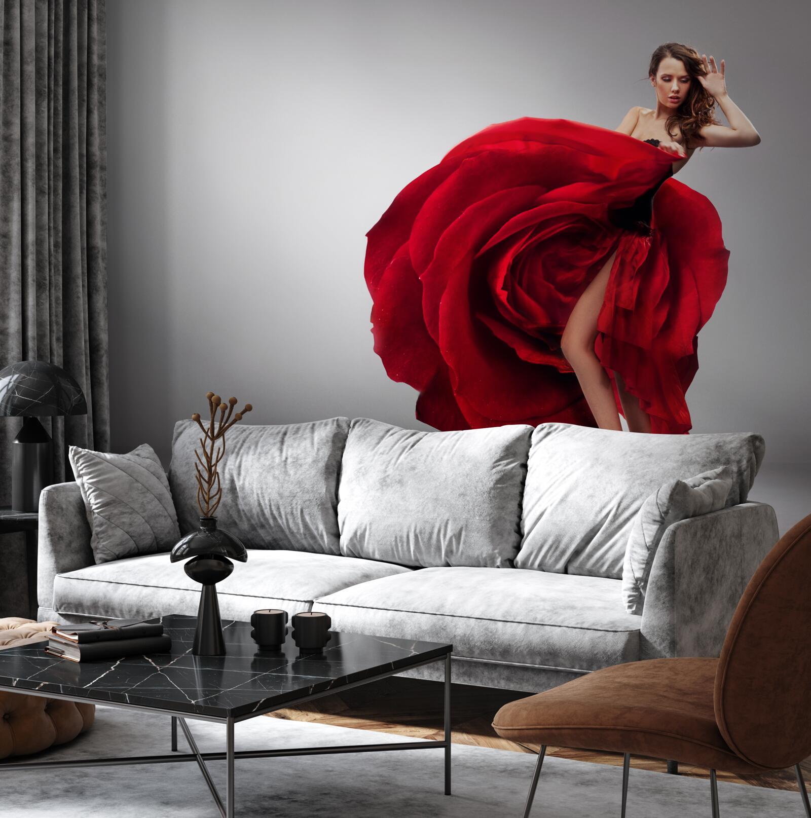 Фотошпалери дівчина в червоній сукні, що нагадує троянди