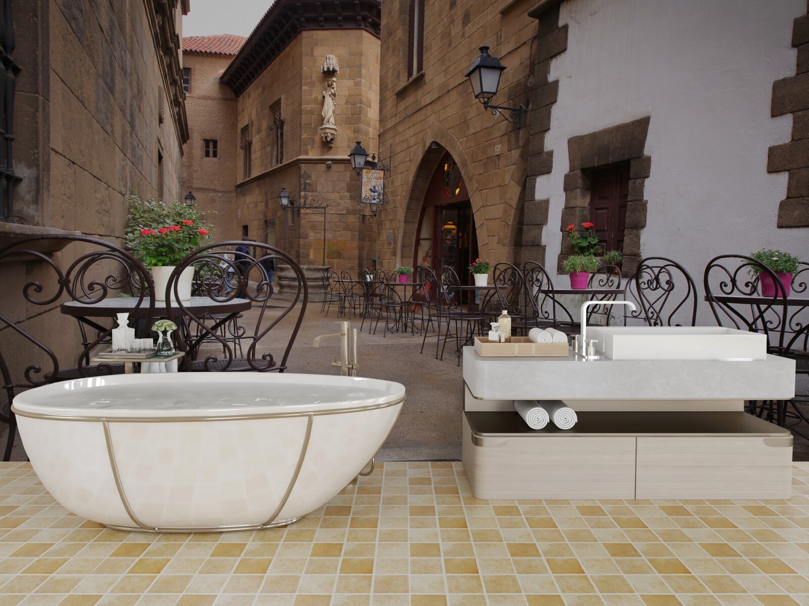 Фотошпалери столики на вузькій вулиці