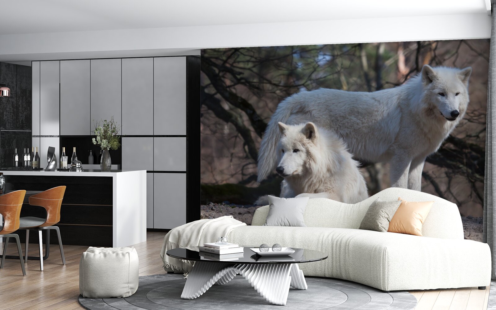 Фотошпалери вовки біліють у лісі, вкритому опалим листям