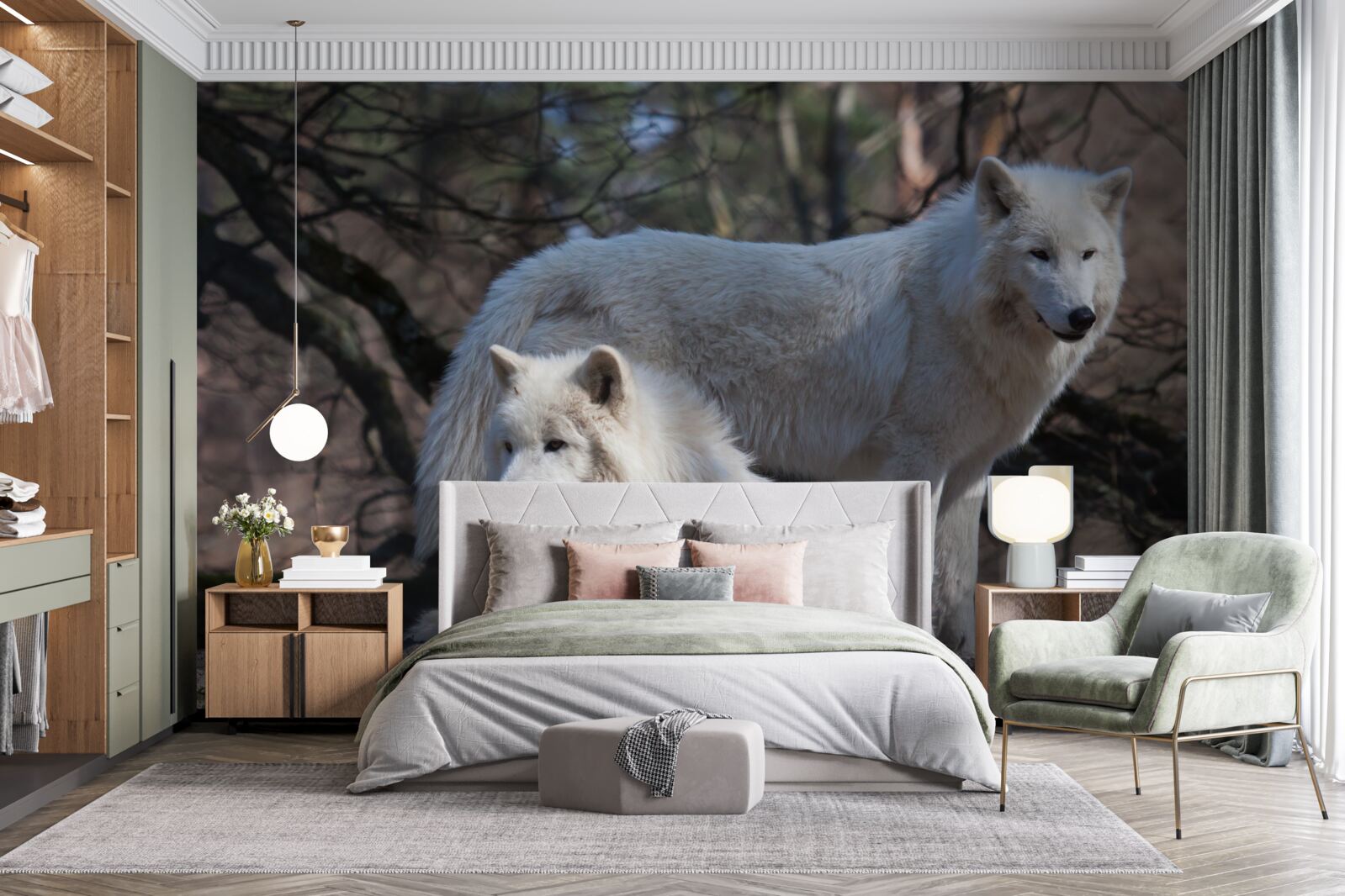 Фотошпалери вовки біліють у лісі, вкритому опалим листям