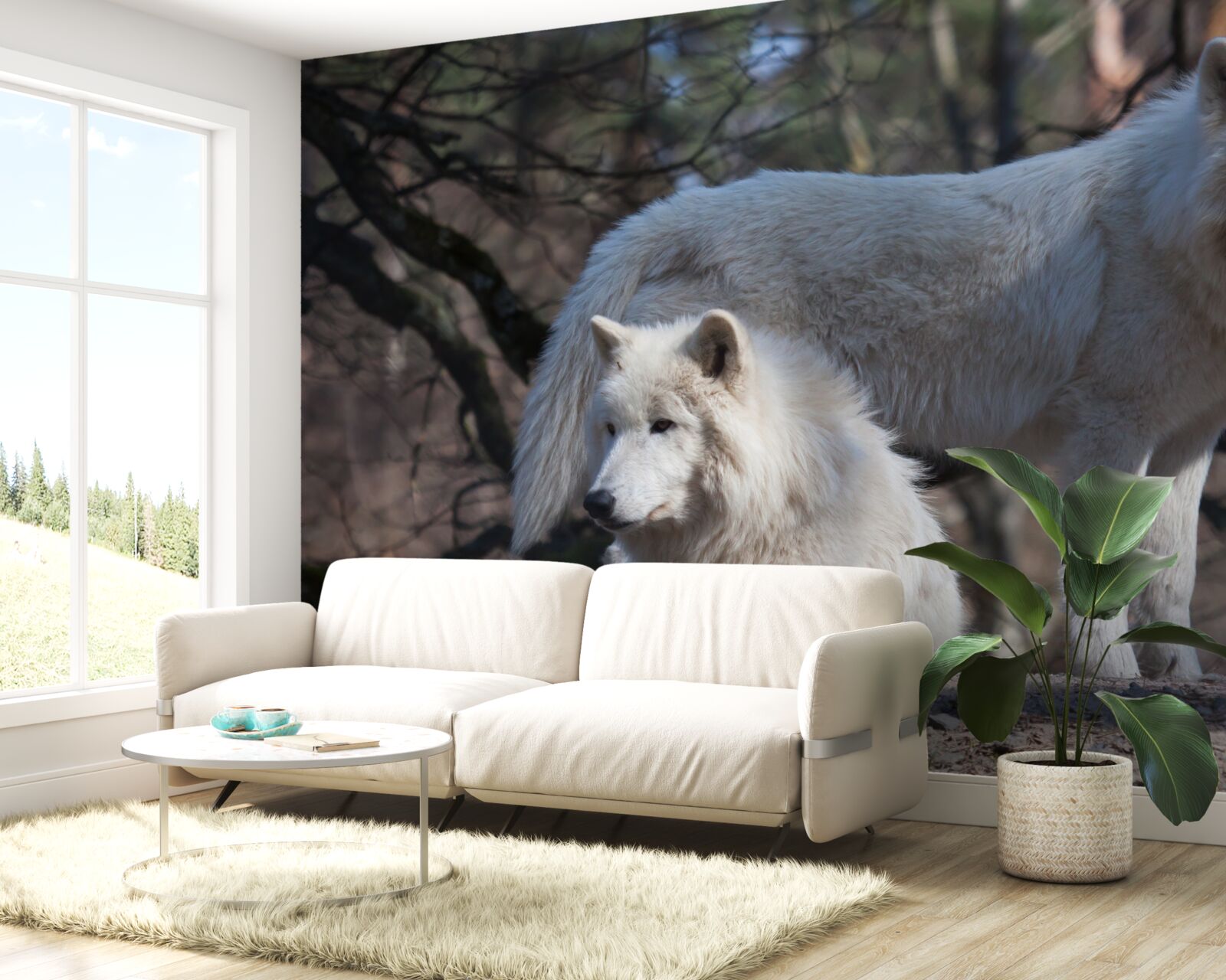 Фотошпалери вовки біліють у лісі, вкритому опалим листям