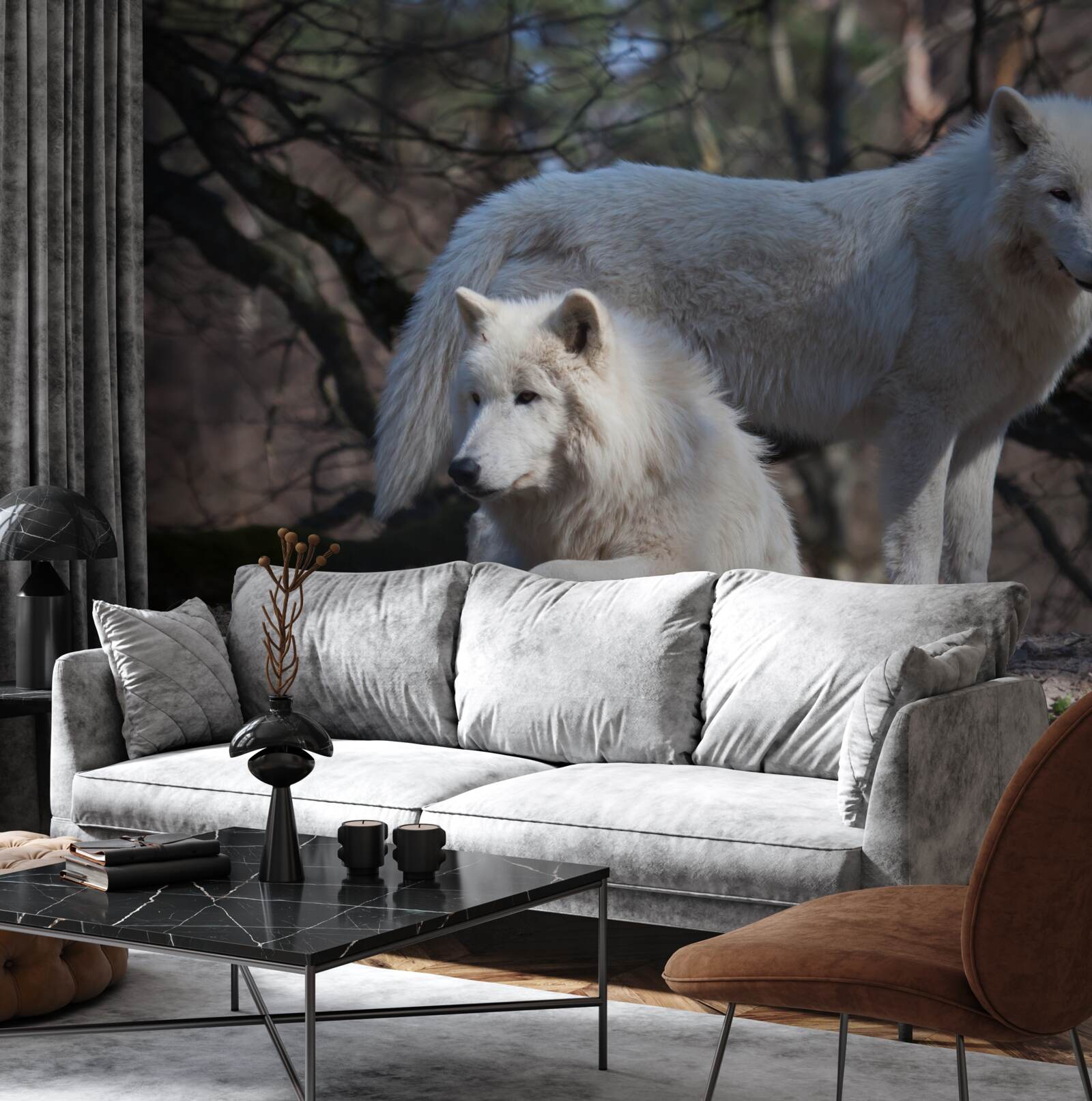 Фотошпалери вовки біліють у лісі, вкритому опалим листям