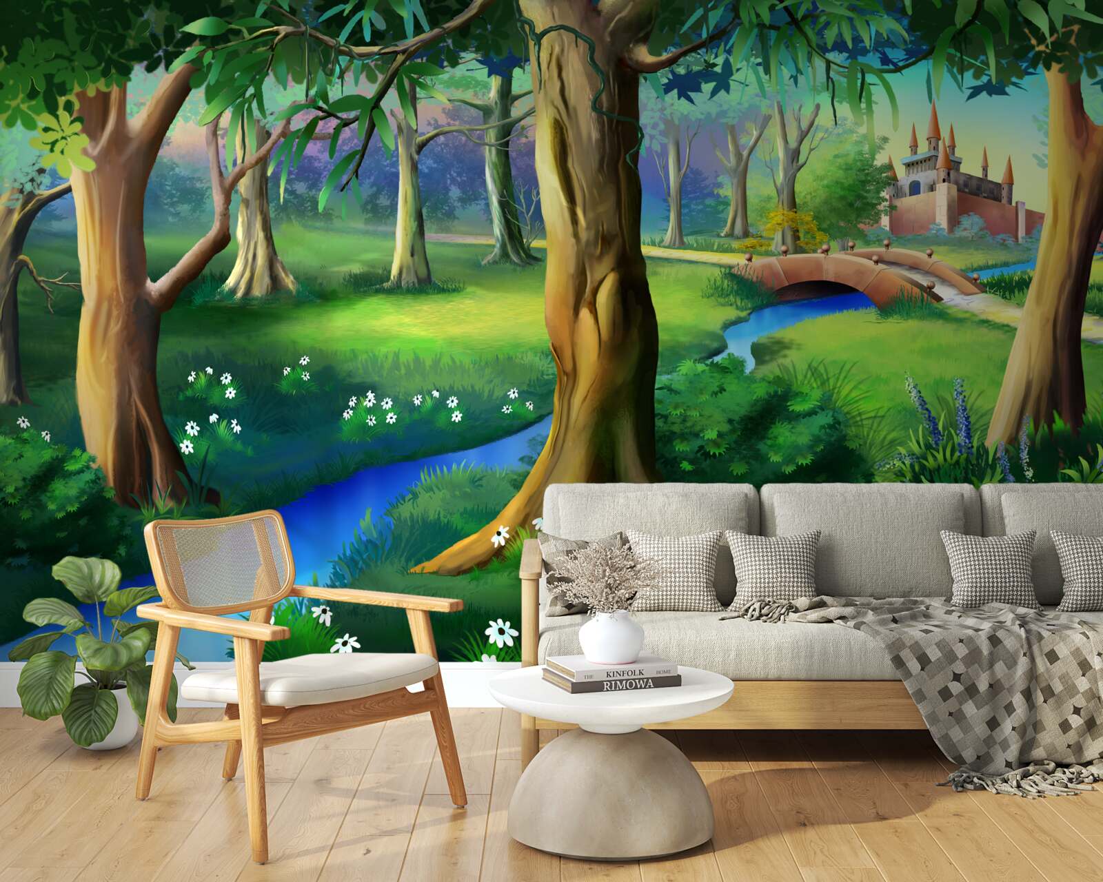 Фотошпалери стрункі дерева, що здіймаються вгору, і річка на лузі