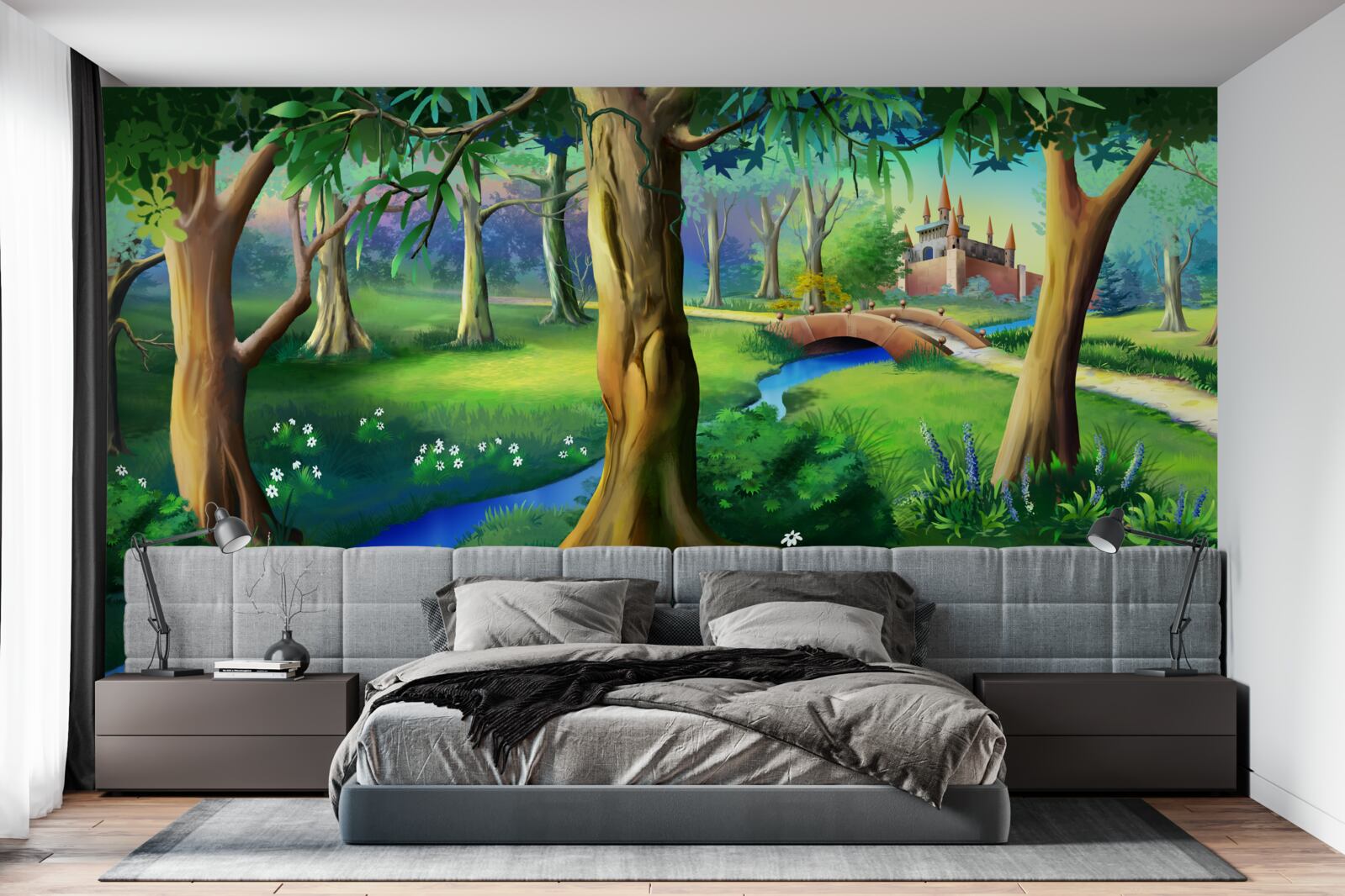 Фотошпалери стрункі дерева, що здіймаються вгору, і річка на лузі