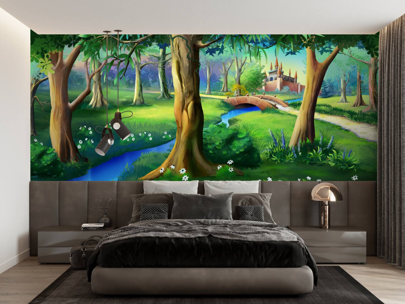 Фотошпалери стрункі дерева, що здіймаються вгору, і річка на лузі