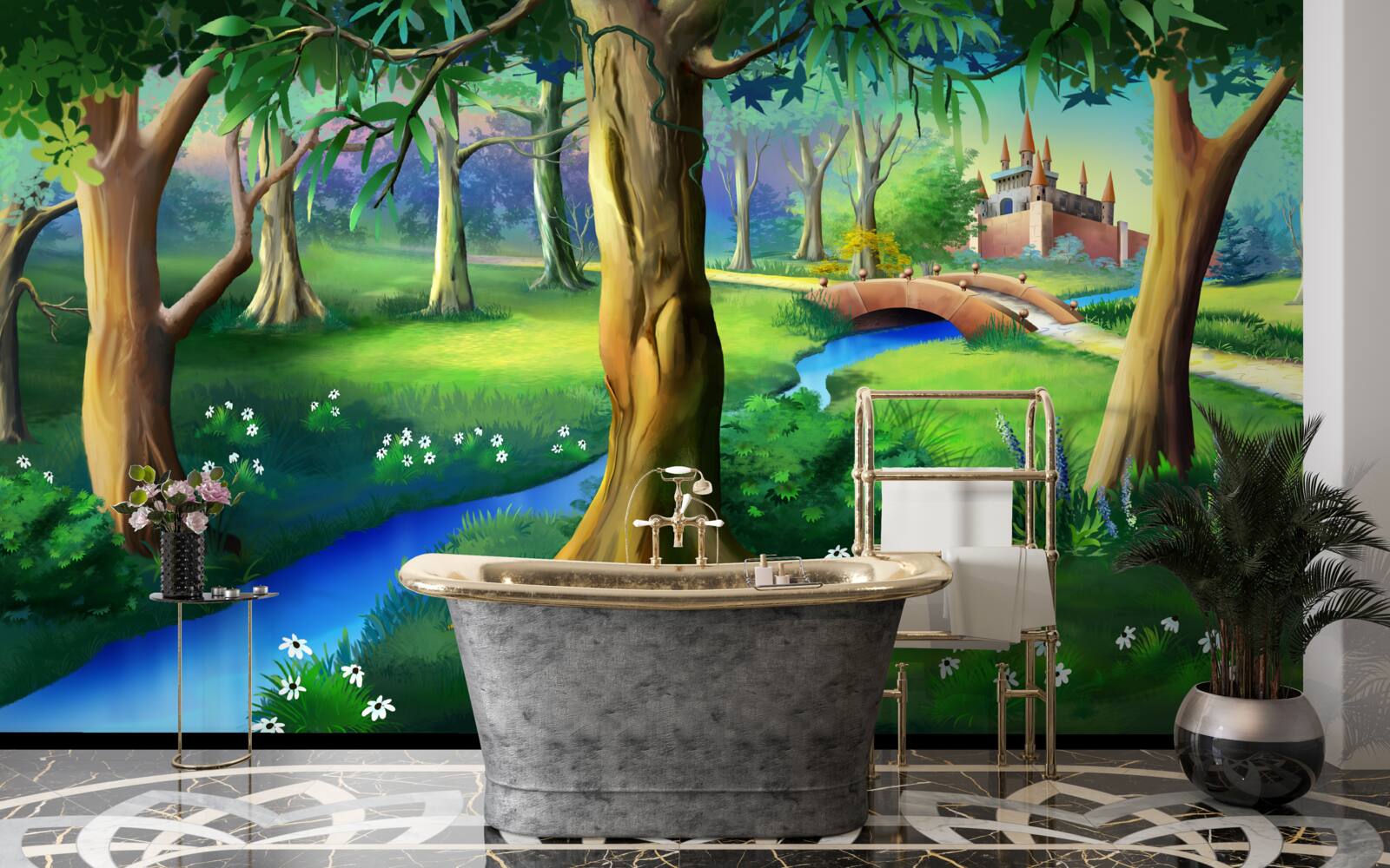 Фотошпалери стрункі дерева, що здіймаються вгору, і річка на лузі