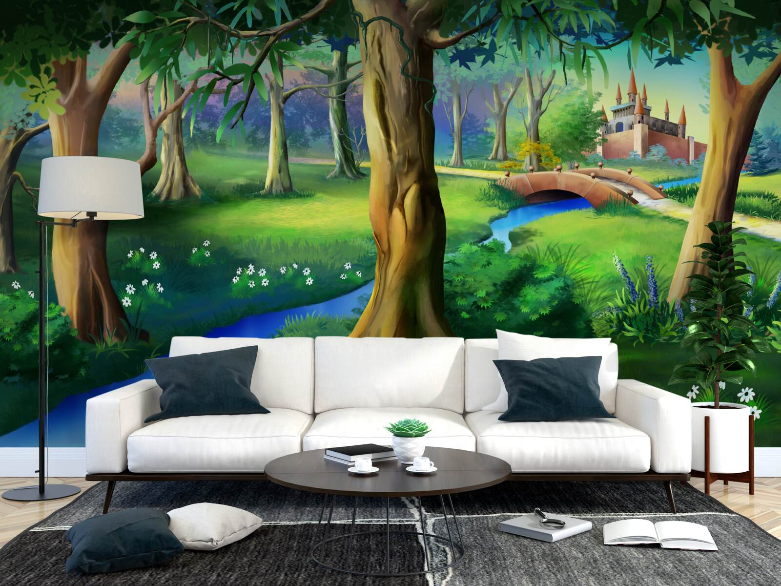 Фотошпалери стрункі дерева, що здіймаються вгору, і річка на лузі