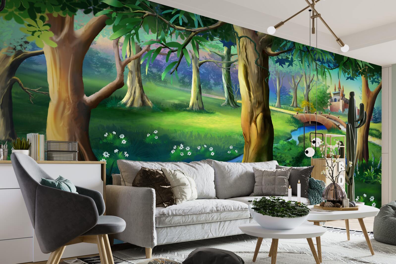 Фотошпалери стрункі дерева, що здіймаються вгору, і річка на лузі