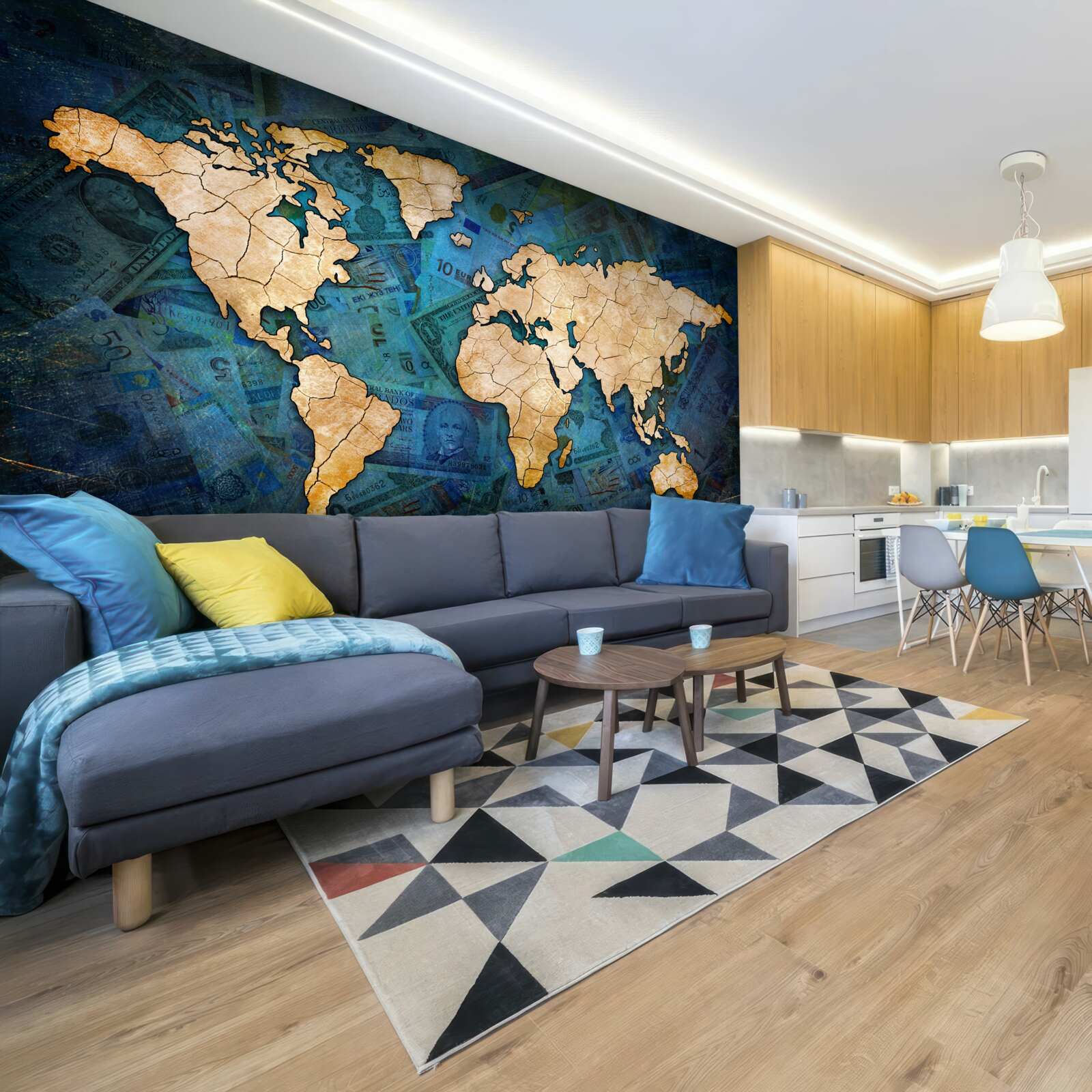 Фотошпалери жовта карта світу на синьому водному фоні