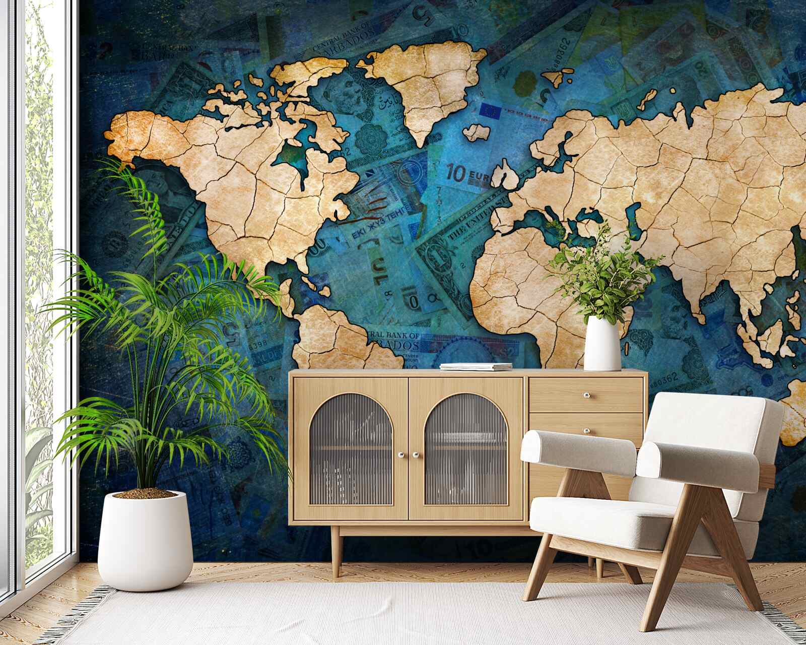 Фотошпалери жовта карта світу на синьому водному фоні