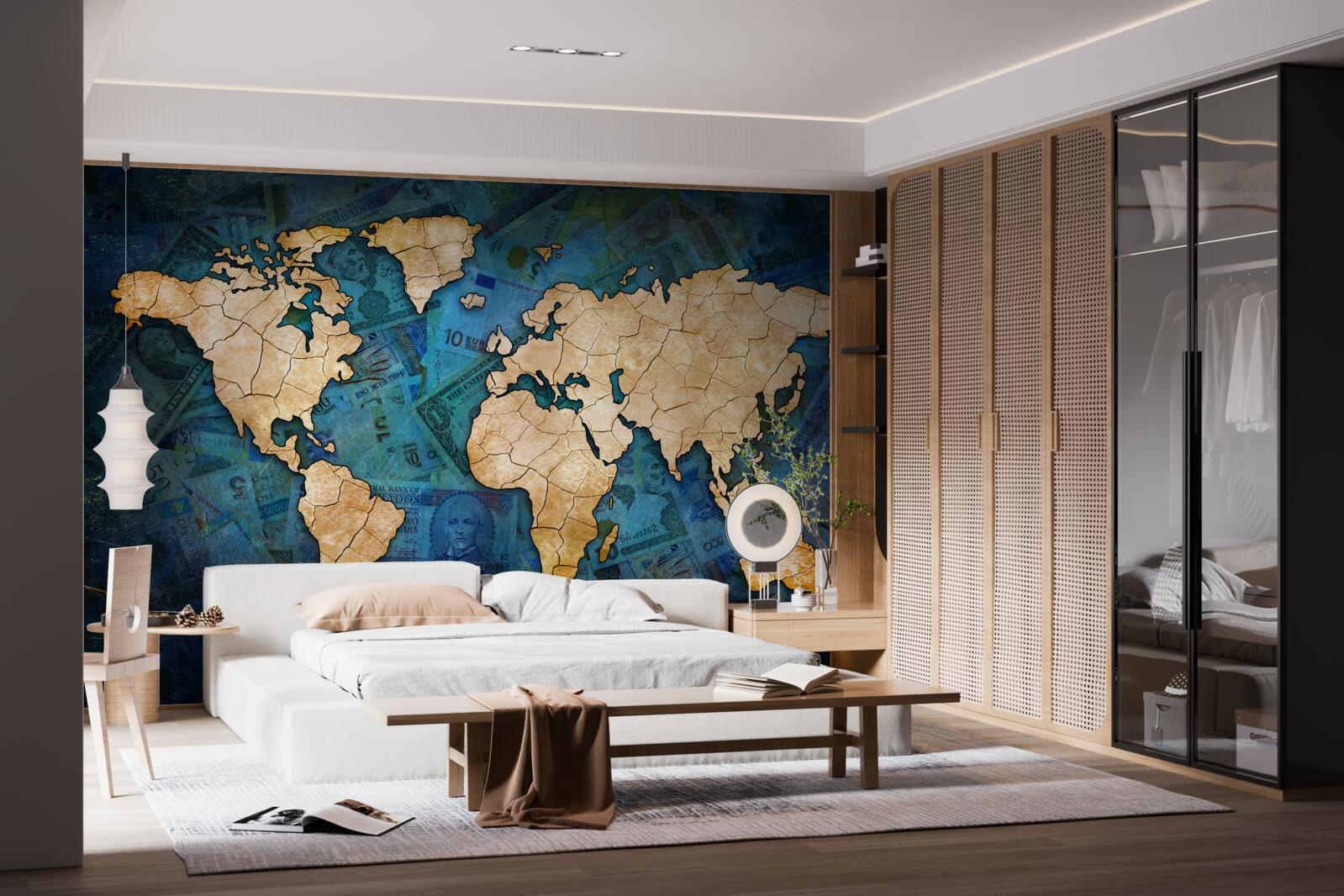 Фотошпалери жовта карта світу на синьому водному фоні