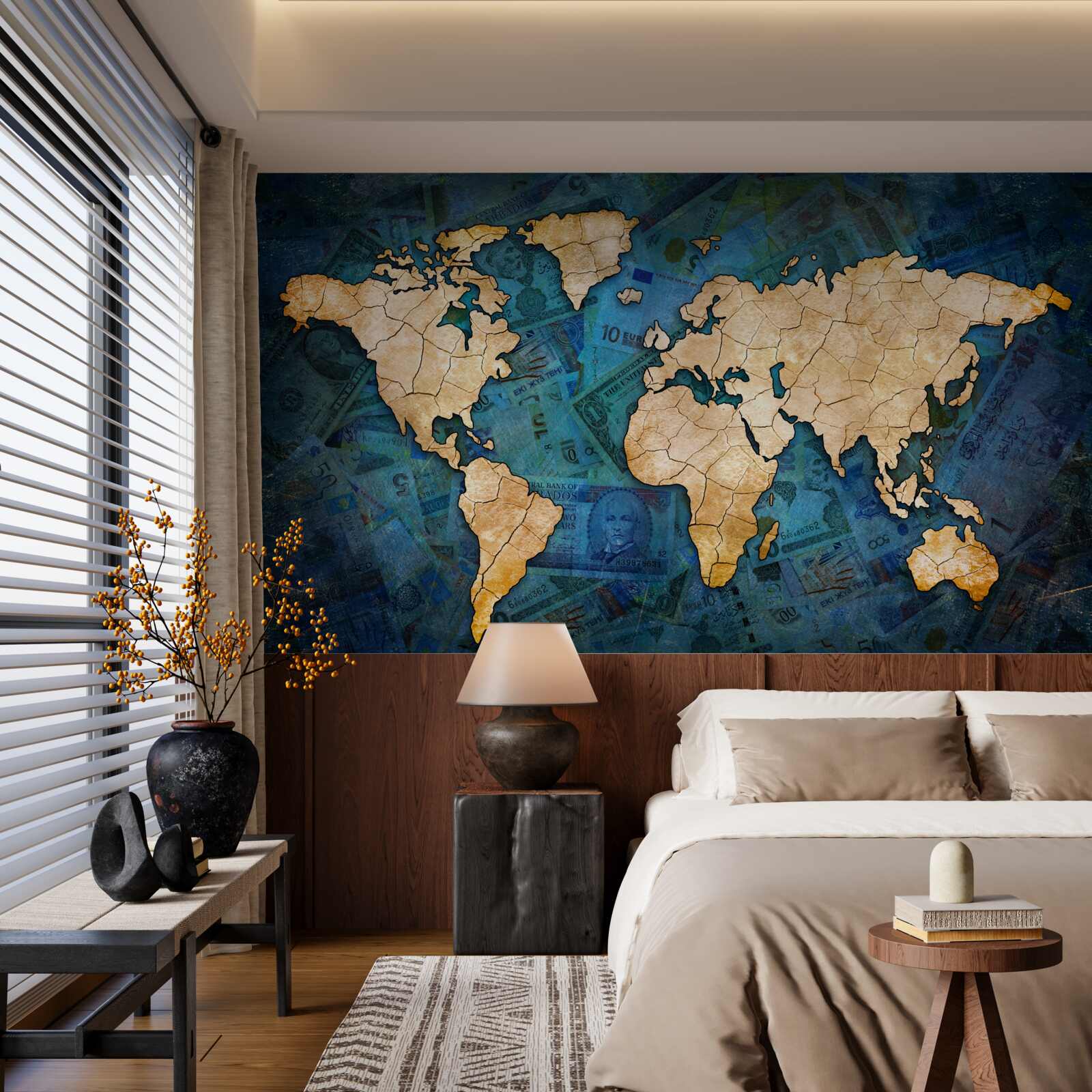 Фотошпалери жовта карта світу на синьому водному фоні