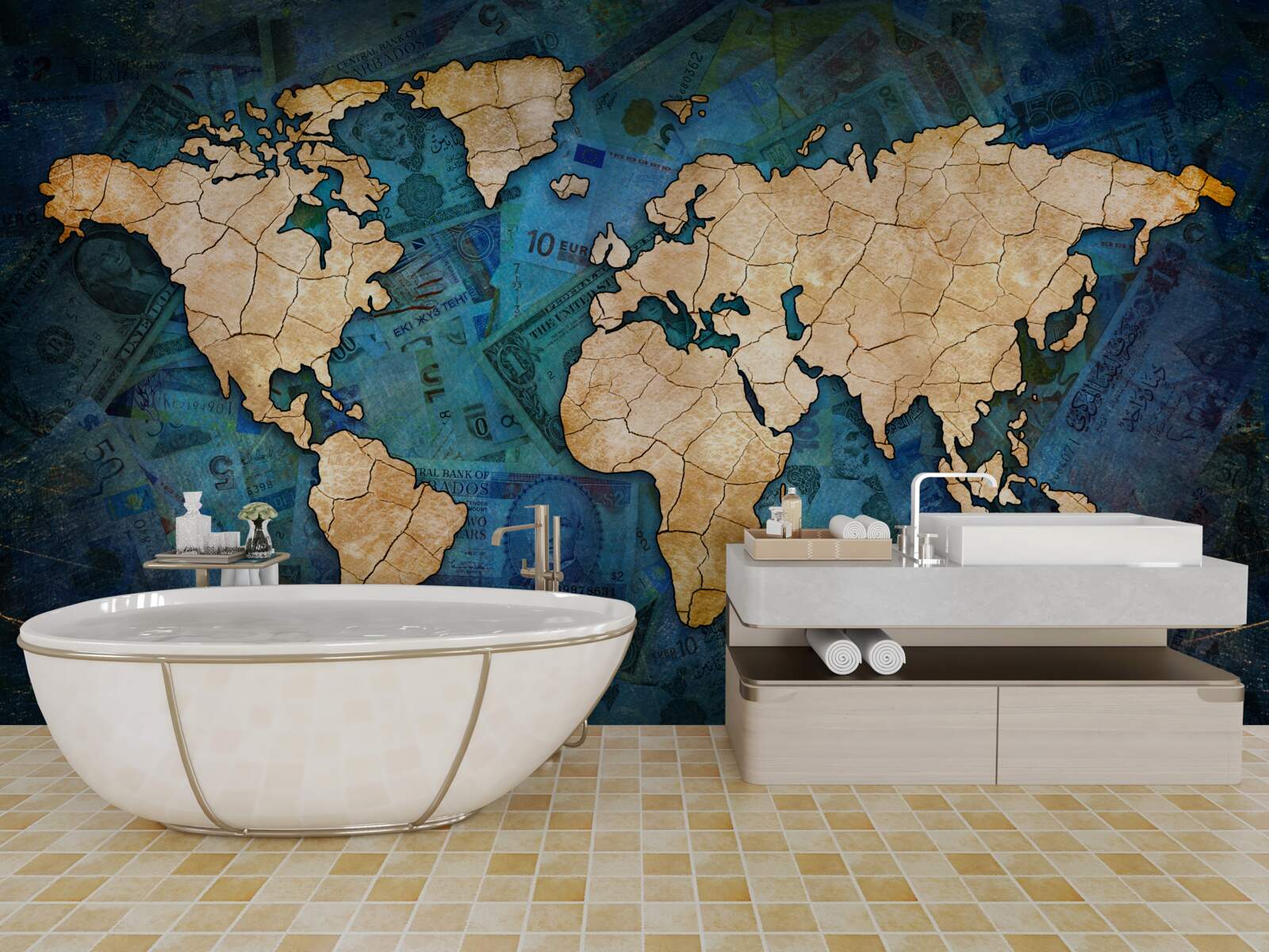 Фотошпалери жовта карта світу на синьому водному фоні