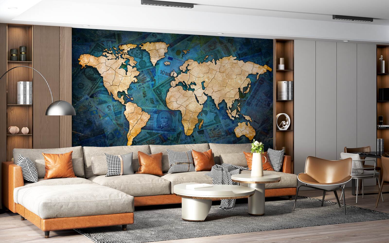 Фотошпалери жовта карта світу на синьому водному фоні