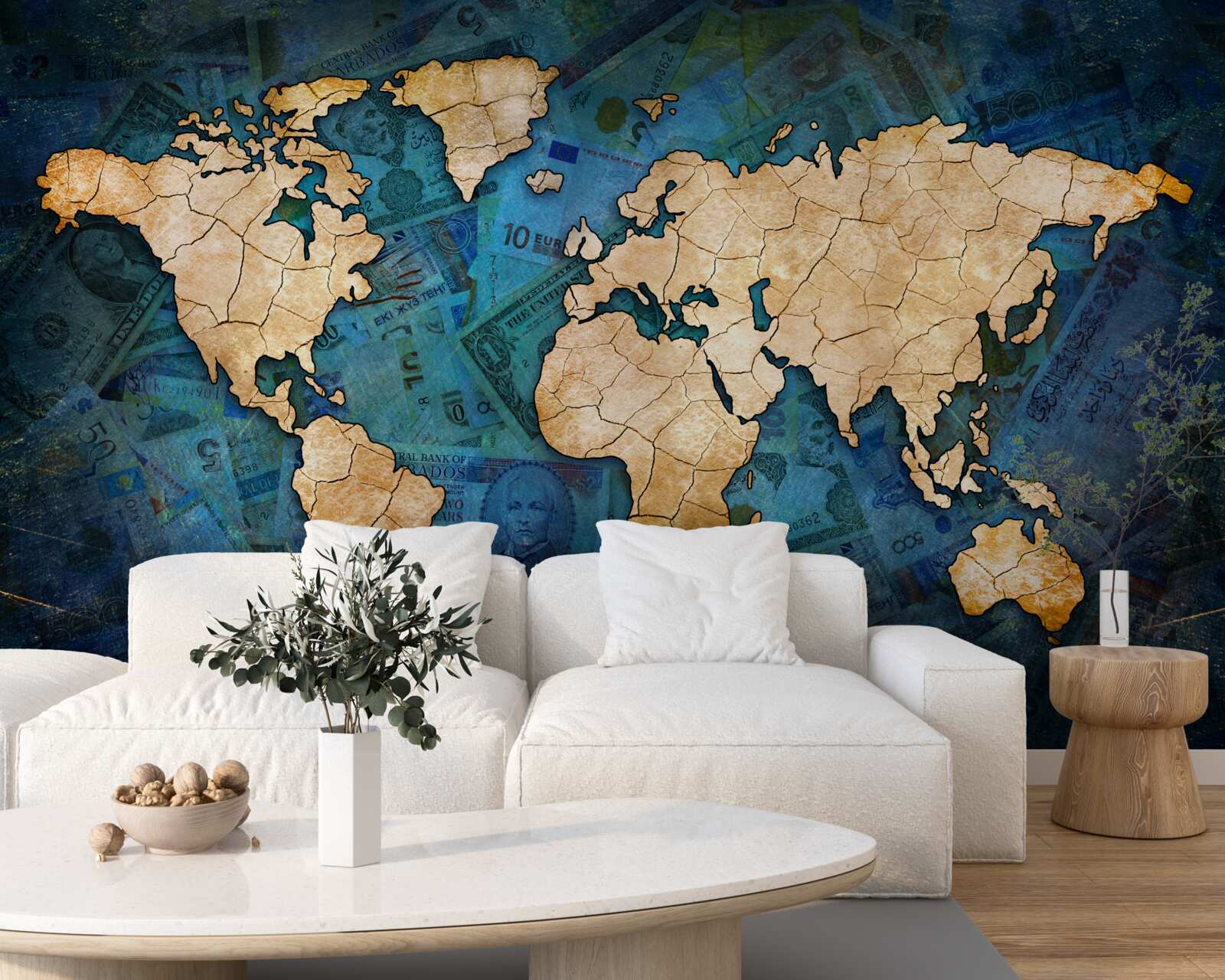 Фотошпалери жовта карта світу на синьому водному фоні