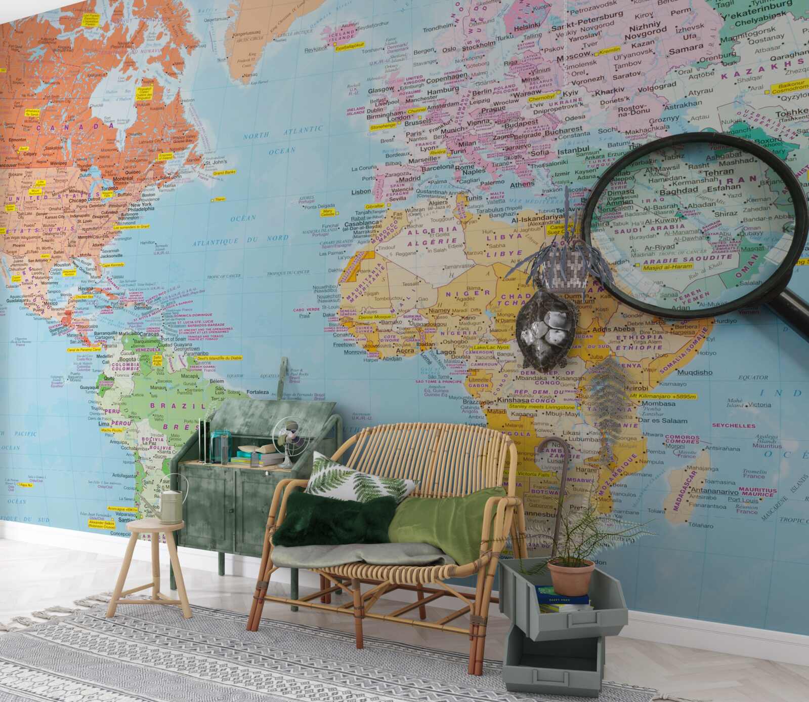 Фотошпалери лупа на кольоровій карті світу