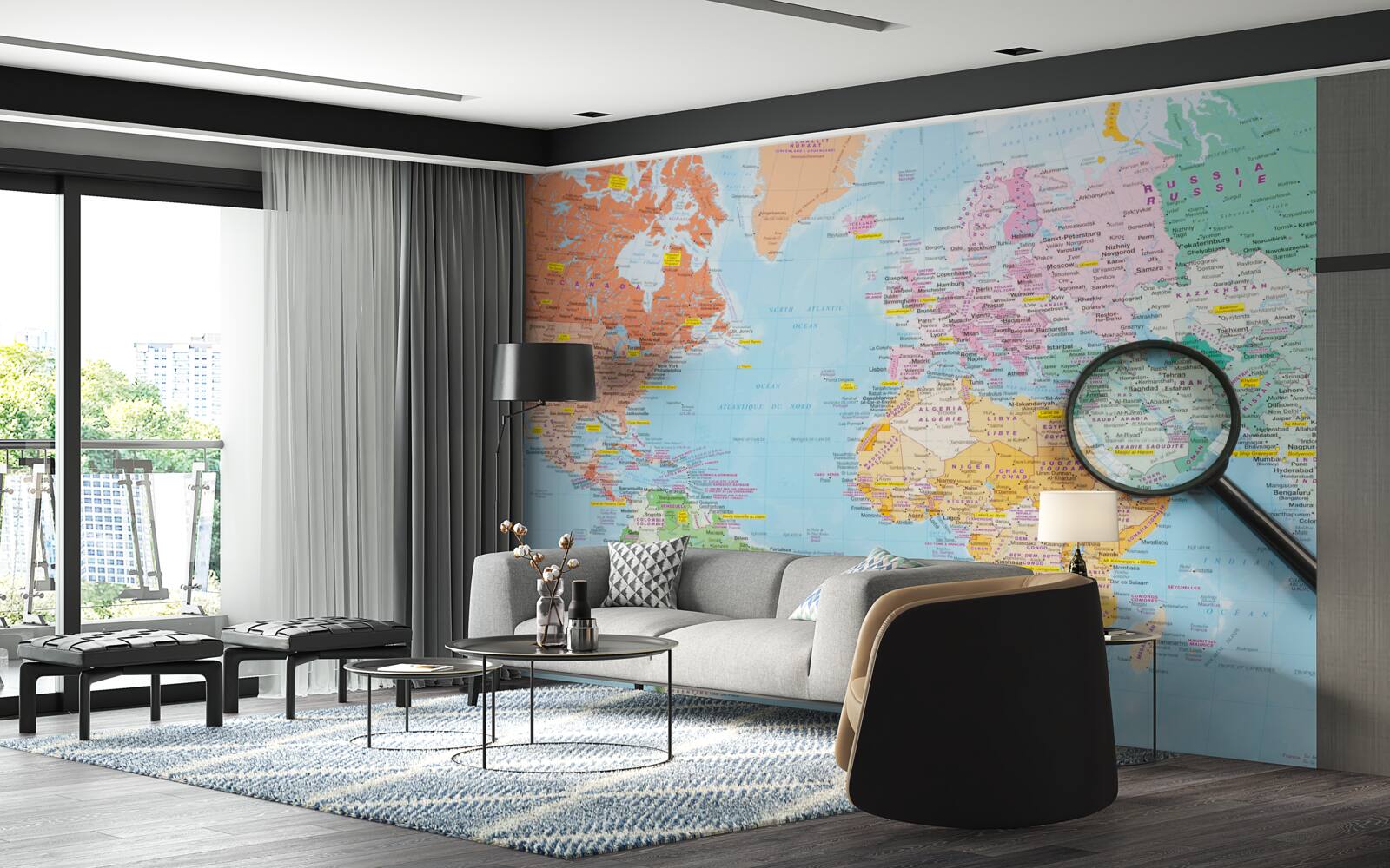 Фотошпалери лупа на кольоровій карті світу